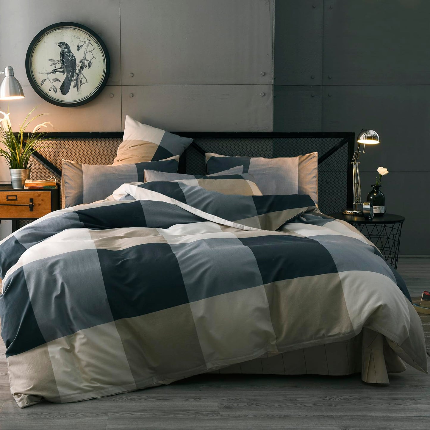 mixinni Queen Size Checkered Duvet Cover Set - 3 Piece Grey Geometric Cotton Bedding Set with Zipper Closure & Corner Ties, 100% Washed Cotton Soft Breathable Duvet Cover for Men, Women, Teens (Queen)