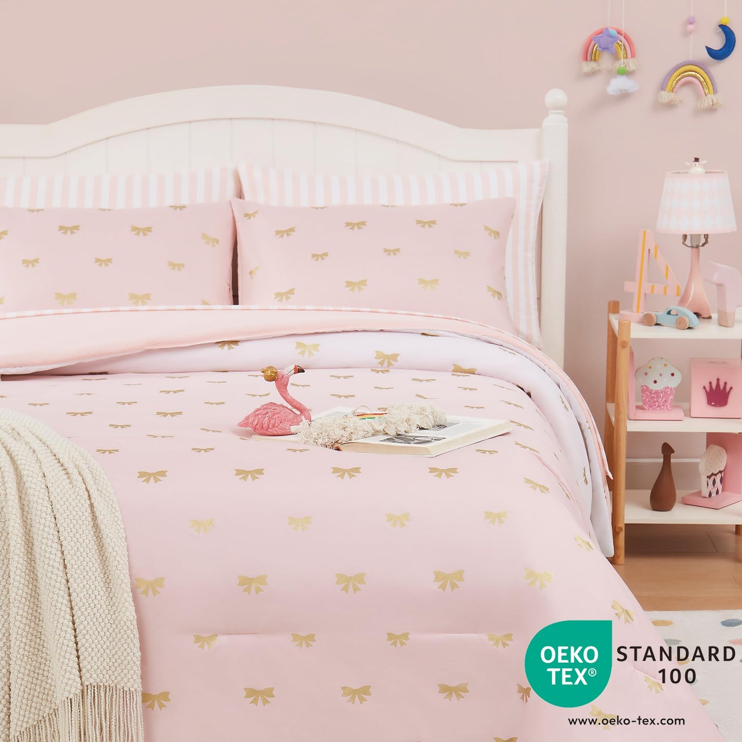 Wink Deer Twin Comforter Set with Sheets for Girls-5 Pieces Twin Bedding Sets with Pink White Gradient Ombre Comforter, Sheets, Pillowcase & Sham for Kids (Gold Bow, 66" X 86")