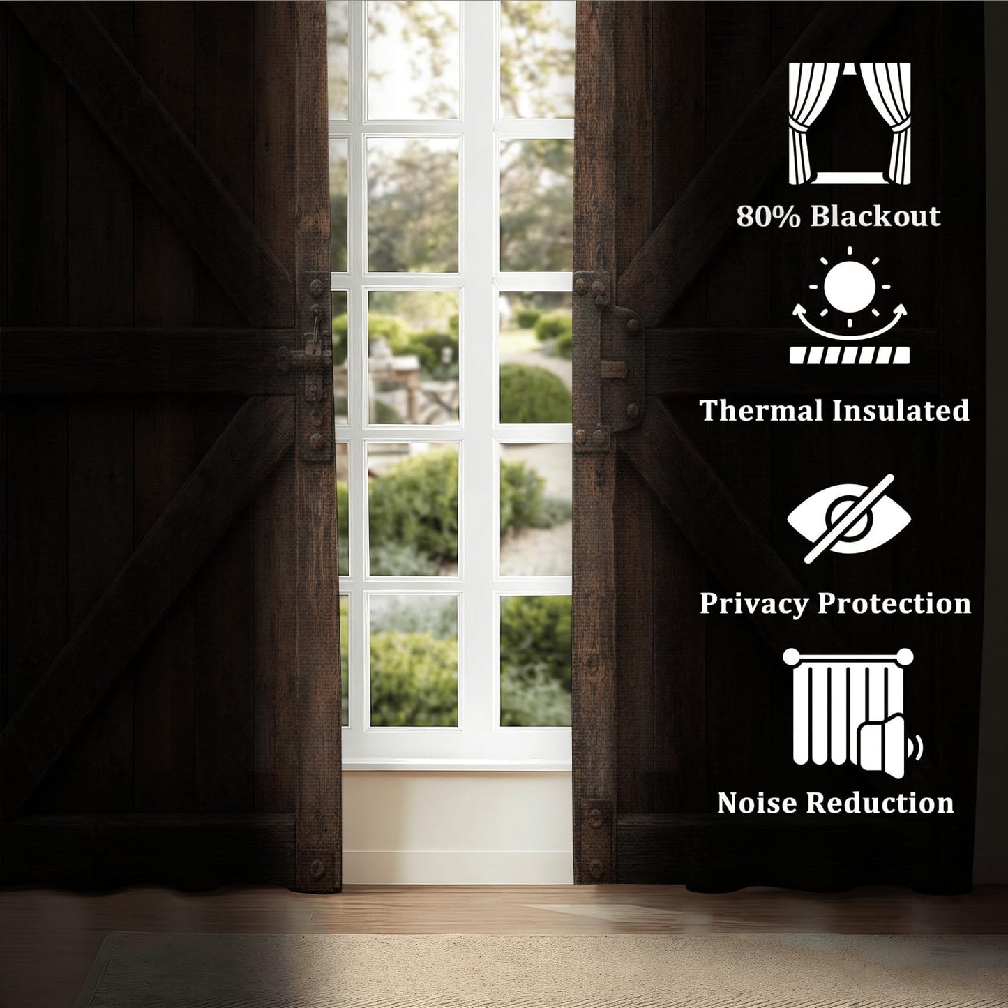 Warm Brown Rustic Barn Door Blackout Curtains, Vintage Wooden Texture Grommet Top Window Drapes, Thermal Insulated Room Darkening Curtains for Bedroom Farmhouse Cabin, 2 Panels Set, 29.5"W x 63"L