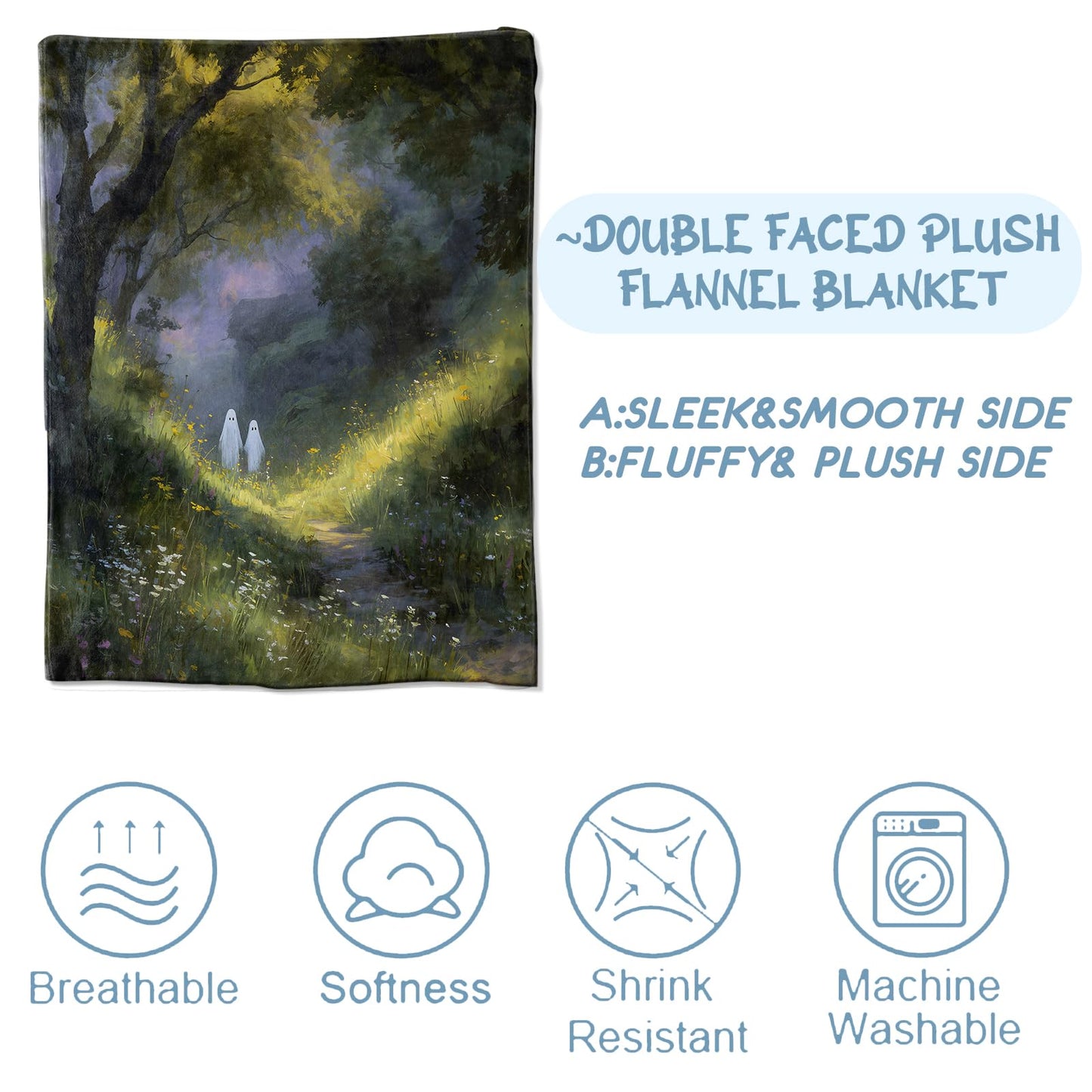 Zeleda Cute Ghost Blanket, Gifts for Fantasy and Holiday Lovers, Lightweight Flannel Throw Blankets, Whimsical Forest Path with Gothic Throws Home Decor, for Couch Living Room Office, 60x50inch