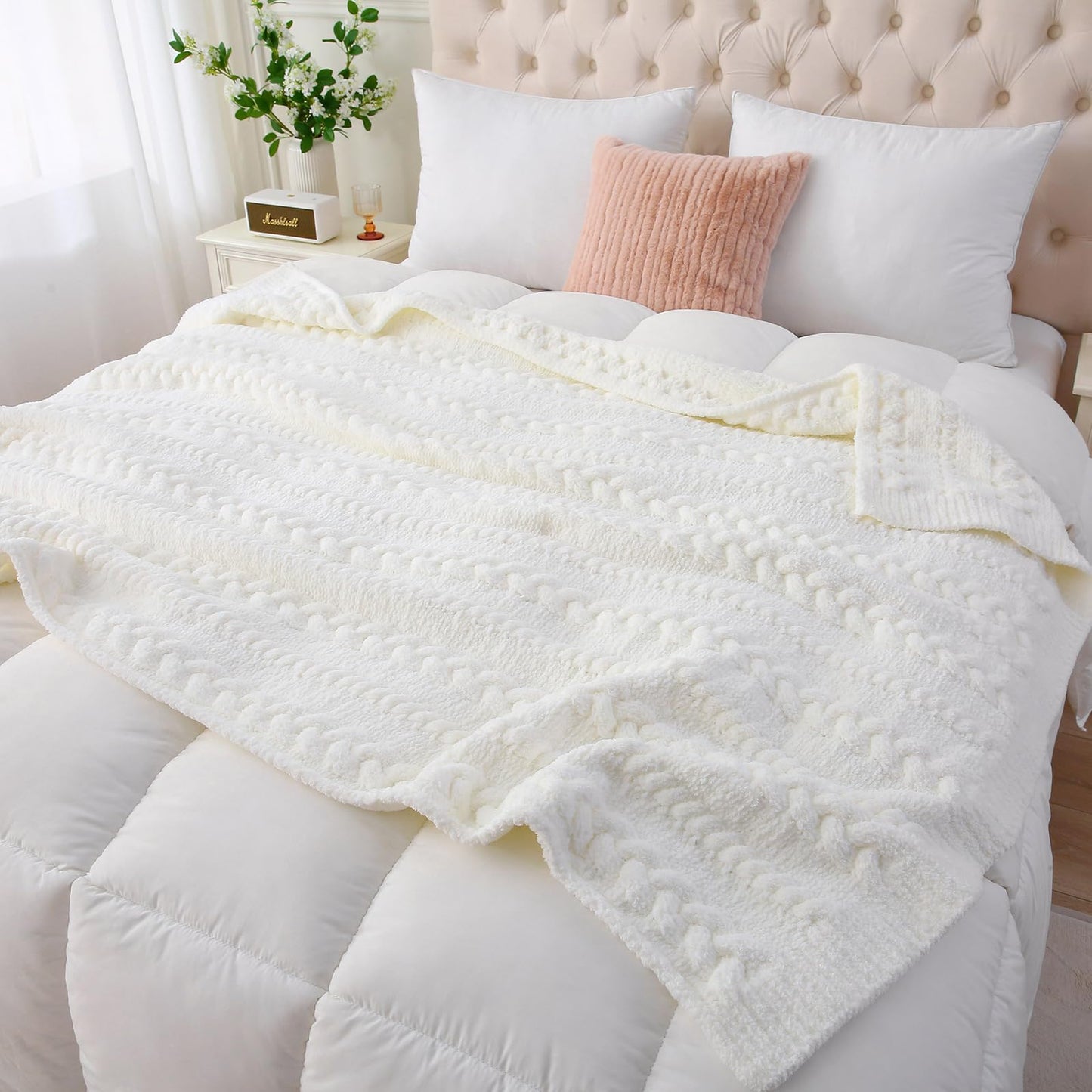 FULFCLVR Cable Knit Throw Blanket 50x60 Inches - Chunky Knit Chenille Blanket for Couch, Bed | Warm & Cozy Winter Blanket for Living Room, Farmhouse Home Decor | Off White