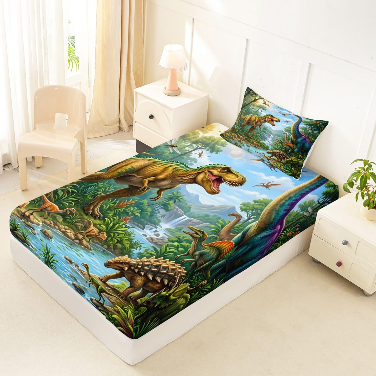Feelyou Dinosaur Bed Sheets Set Twin Size 3D Digital Print Bed Set Jungle Dino Deep Pocket Fitted Sheet Wild Animal Breathable Soft Lightweight Microfiber Blue White Green Yellow