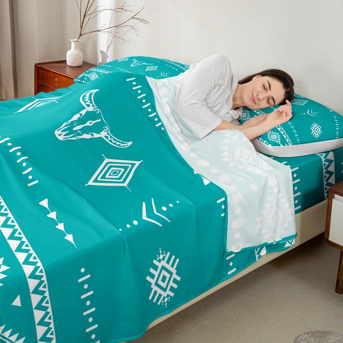 Erosebridal Bull Skull Full Size Bed Sheets Set, Western Cowboy Flat Fitted Sheet for Boys Girls Men Women Room Decor, Southwestern Native Bedding Set, Boho Aztec Ethnic Horns Bed Sets