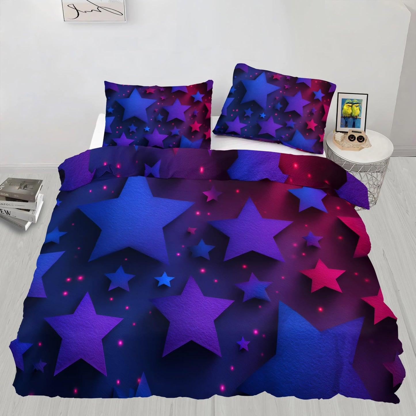 ZAOMIR Blue Purple Stars Duvet Cover Queen Size, Colorful Dark Bedding Set 3 Piece, Neon Lights Stars Patterned Comforter Cover with Zipper Soft Microfiber, 2 Pillowcases