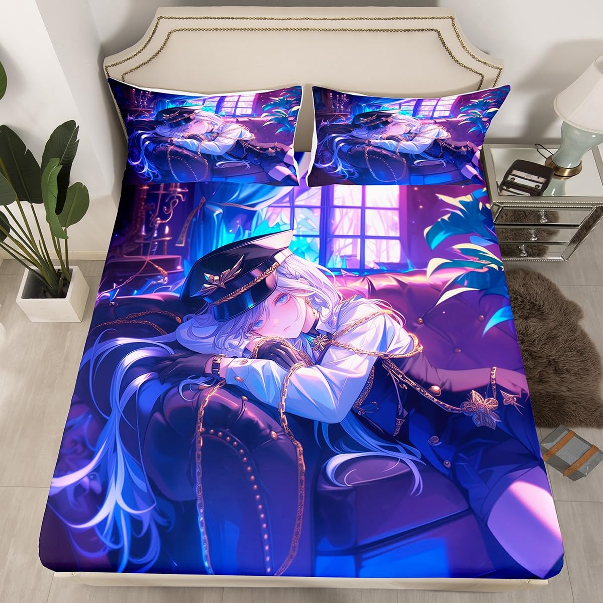 Erosebridal Anime Girl Fitted Sheet Full Size Japanese Anime Bed Sheets for Kids Boys Teens Women Bedroom Decor, Cartoon Girl Bedding Set Japanese Animation Kawaii Sheets, Purple
