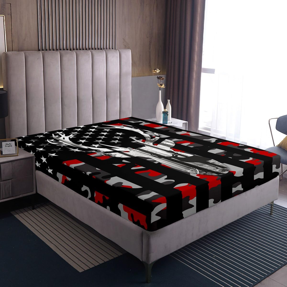 Camo American Flag Fitted Sheet Set Full Size 4 Pcs, Red Black Camo USA Flag Bedding Set(1 Fitted,1 Flat,2 Pillowcases), Deer Antlers and Trees Luxury Deep Pocket Bed Sheets for Girls Teen