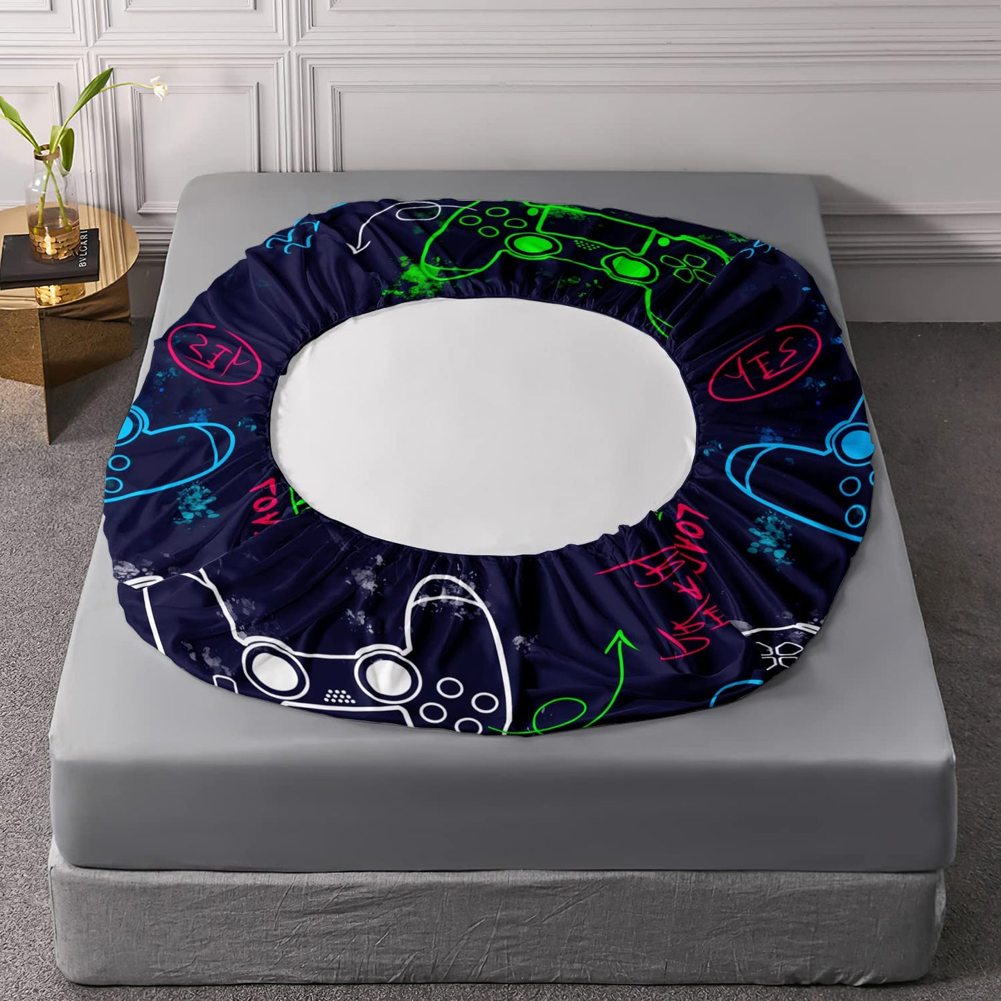 AILONEN Gamer Fitted Sheet Queen Size,Gaming Bedsheets Set,Gamepad Bed Sheet Set for Boys,Boys Video Games Bedding Set,1 Fitted Sheet and 2 Pillow Case,3 Piece