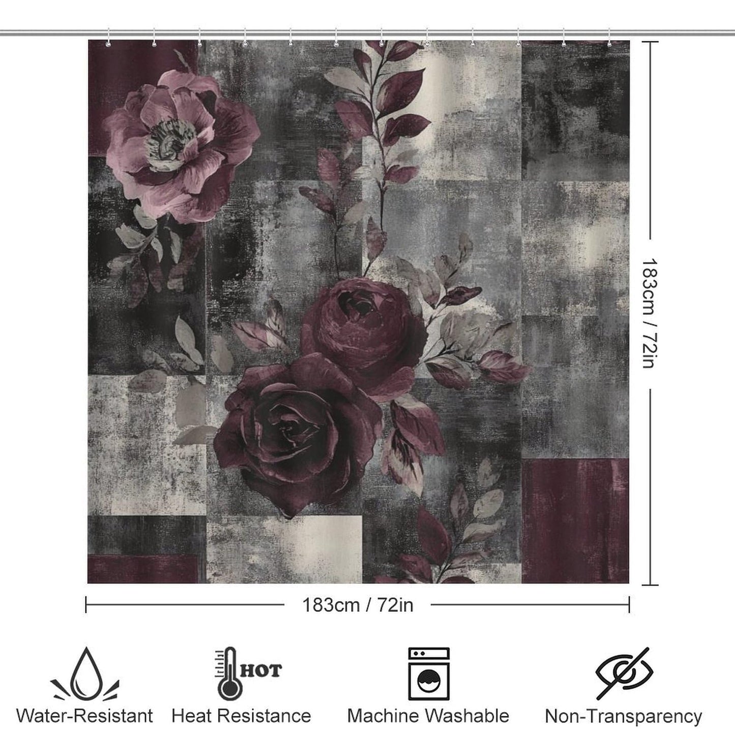 DIPQIMI 4Pcs Red Rose Patchwork Shower Curtain Sets with Rugs, Toilet Lid Cover and Bath Mat, Classic Art Flower Bathroom Shower Curtains Set with 12 Hooks