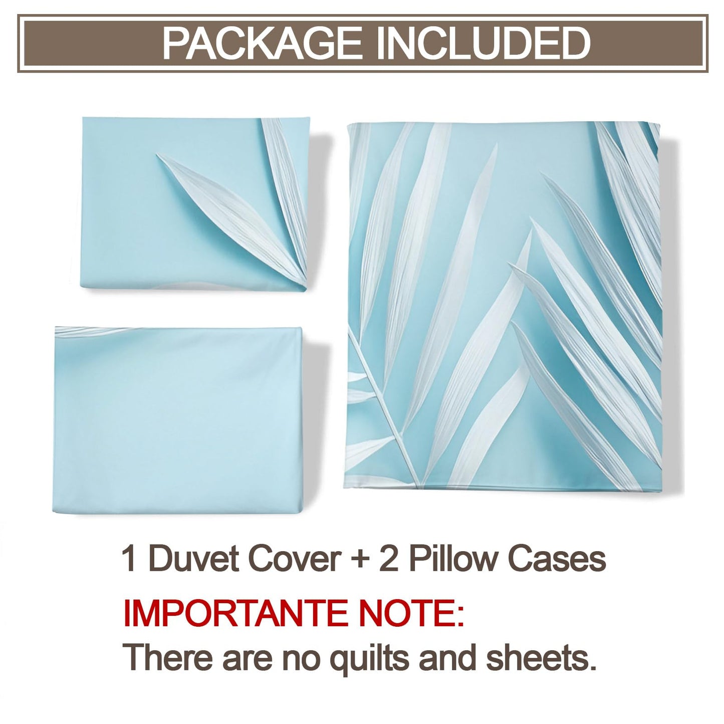 PAISUOQ Tropical Bedding Sets Full Brown Leaves Comforter Cover with Zipper Ties, Simple Blue Duvet Cover with 2 Pillowcases, 3 Pieces，Bedroom Decor & Gifts