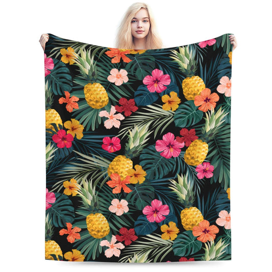 Perinsto Palm Leaves Hibiscus Flowers Hawaii Throw Blanket Ultra Soft Warm All Season Tropical Pineapples Fruit Decorative Fleece Blankets for Bed Chair Car Sofa Couch Bedroom 50"X40"