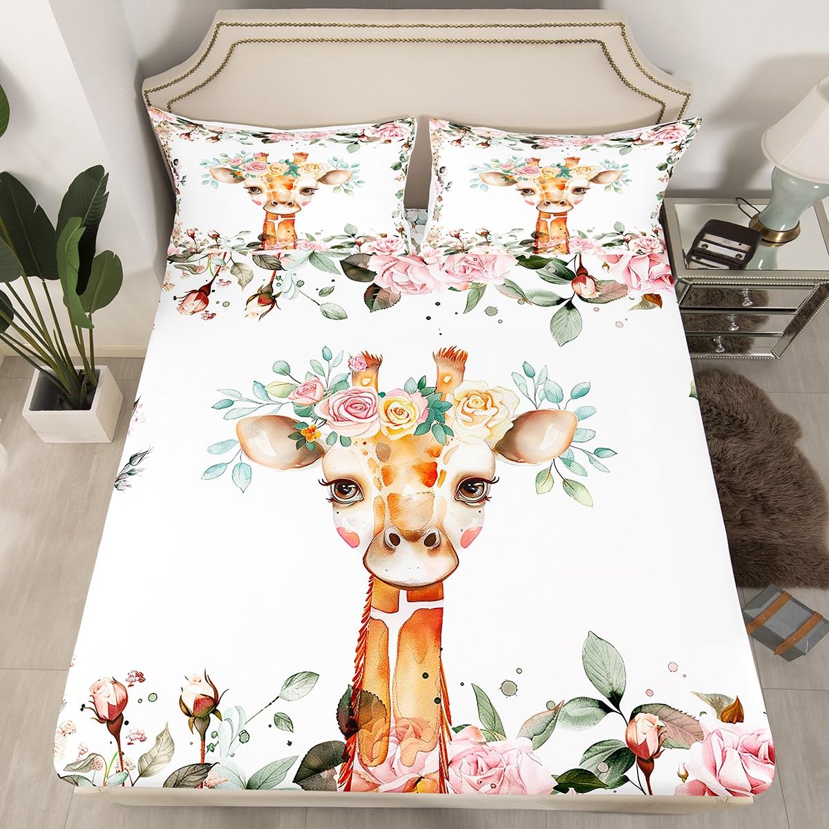 Erosebridal Cute Giraffe Sheet Set Pink Rose Bed Sheets Queen Size Girls Kids,Cartoon Animal Flat Sheet Floral Flower Fitted Sheet,Wildlife Giraffe Skin Sheets Botanical Room Decor,4Pcs…
