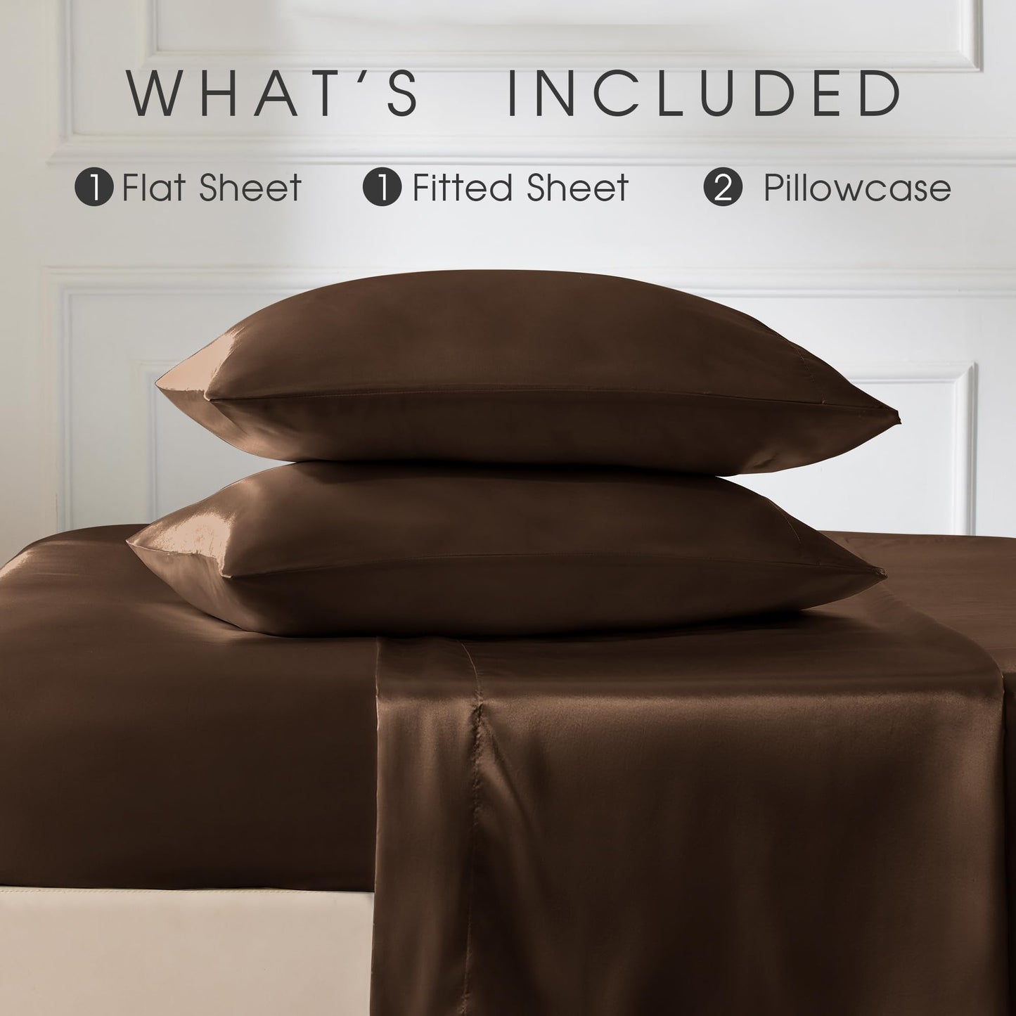 FreshCulture Satin Sheets Full Size - 4 Piece Luxury Soft Silky Full Size Bed Sheets, Similar to Silk Bed Sheet Set with 1 Deep Pocket Fitted Sheet, 1 Flat Sheet & 2 Pillowcases (Brown)