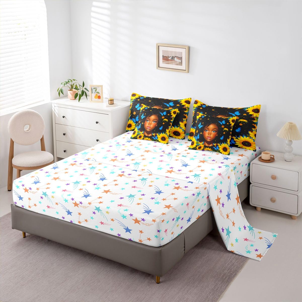 Erosebridal Cute Black Girls Queen Bedding Set Pretty Sunflower Comforter Set with Flat and Fitted Sheet Teen Kids Coquette Blue Butterfly 7-Piece Bed in a Bag Aesthetic Watercolor Floral Quilt Sets