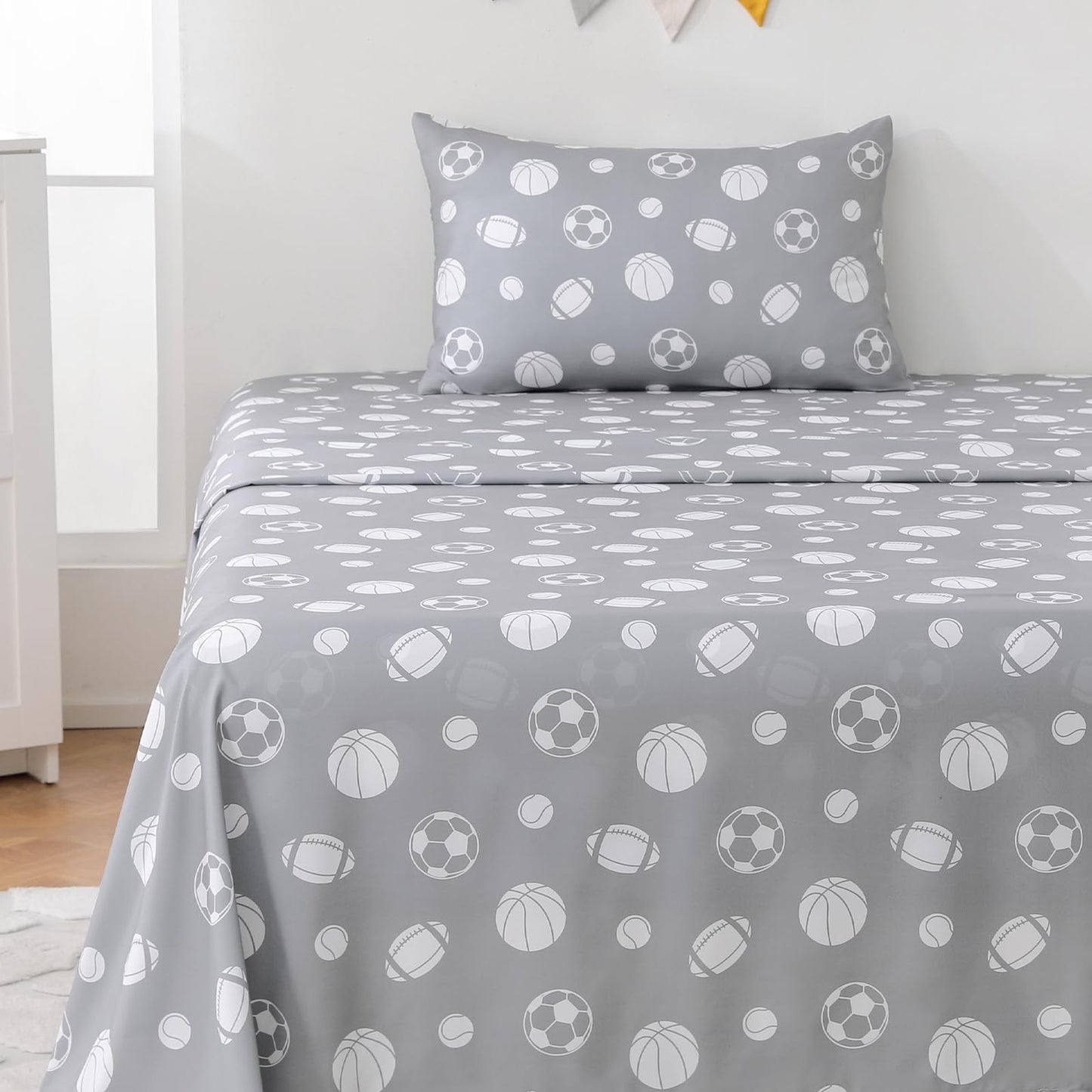 MICORAL Kids Twin Sheet Set Sports, 3 Pieces Sheets for Boys & Girls, Soft Printed Microfiber Bed Sheets, Deep Pocket Cozy Toddler Bedding Set, Sports