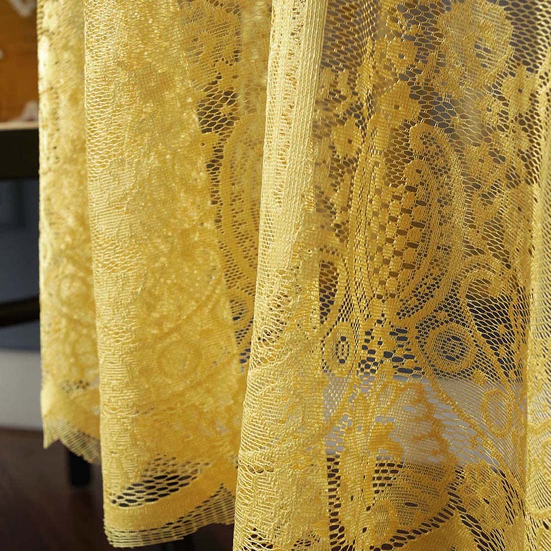 JAIJY Vintage 60 inch Yellow Lace Tablecloth Floral Embroidered Boho Shabby Chic Small Table Cover for Wedding Halloween Party Dinning Holiday, 1 Piece