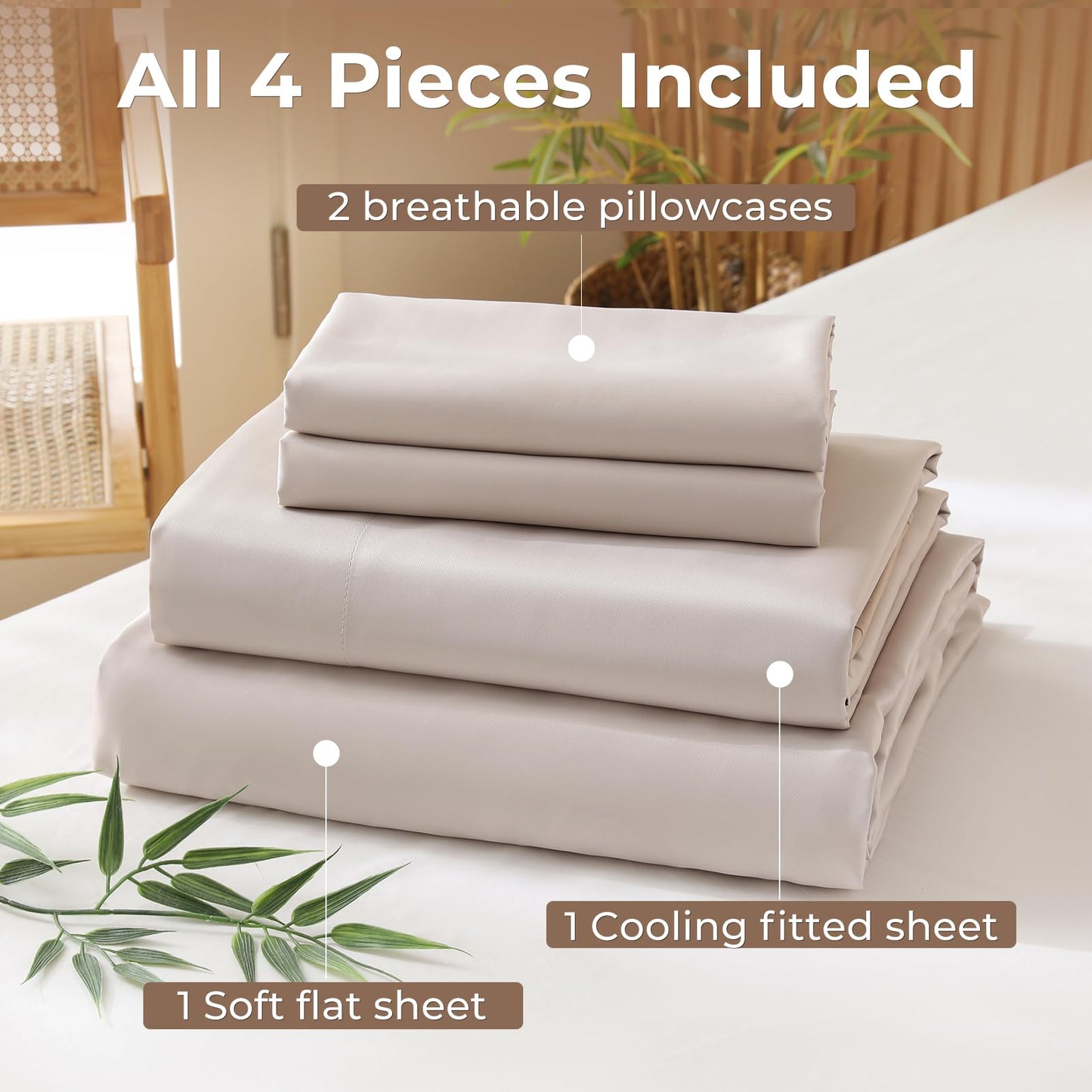Bedlifes King Size 4-Piece Blend Rayon Derived from Bamboo Sheets Set, Cooling Bedding for Hot Sleepers, Breathable & Ultra Soft with 16" Deep Pockets, Wrinkle Resistant Hotel Silky Feel, Champagne