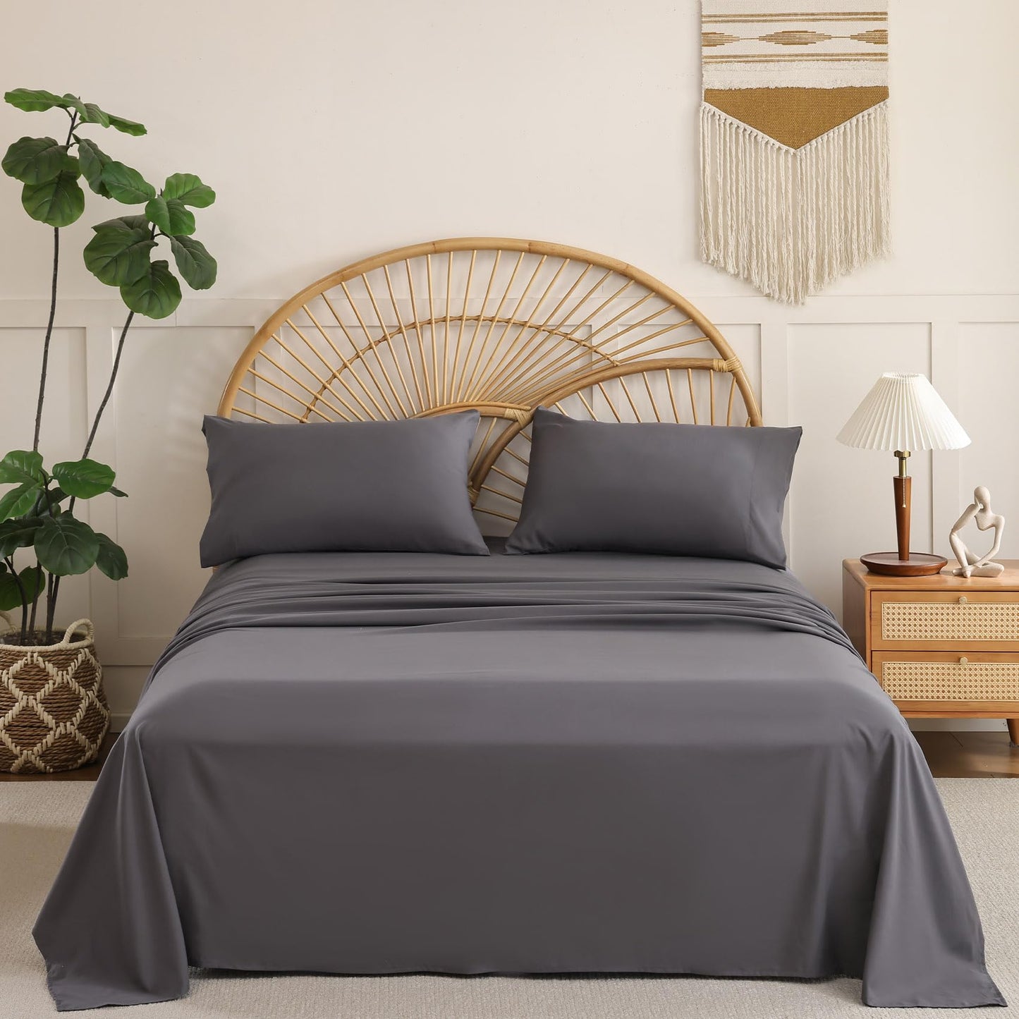FreshCulture King Size Bed Sheets 4 Piece Sheet Set Include 15" Deep Pocket Fitted Sheet Flat Sheet and 2 Pillowcases Grey Bedding Soft Wrinkle & Fade Resistant Bedsheets for Bedroom