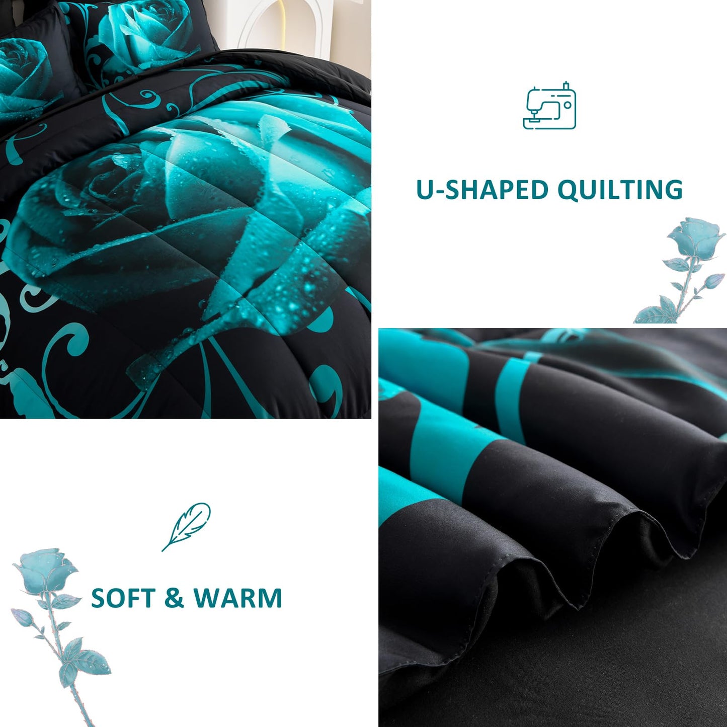 WONGS BEDDING Teal Green Comforter Set King, Reversible Rose 7 Pieces Bed in a Bag, Lightweight Soft Microfiber Bedding Sets with Flat Sheet, Fitted Sheet, Pillowcases & Shams