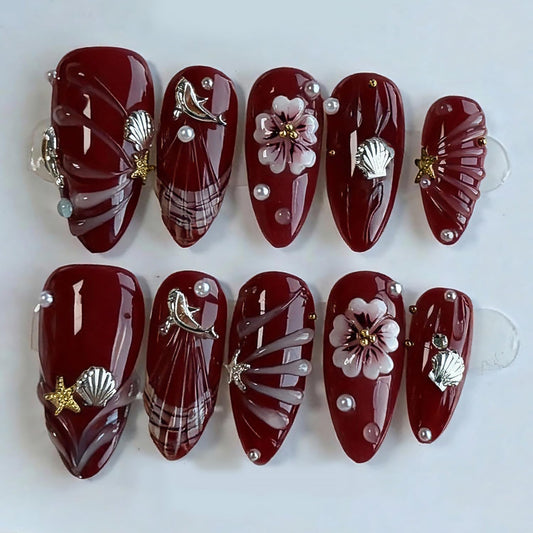 30Pcs Red Press on Nails Medium Almond Flower Fake Nails with Gold Silver Glitter Pearl Shell Design 3D Ripple False Nails Full Cover Artificial Glue on Nails Spring Summer Stick on Nails for Women