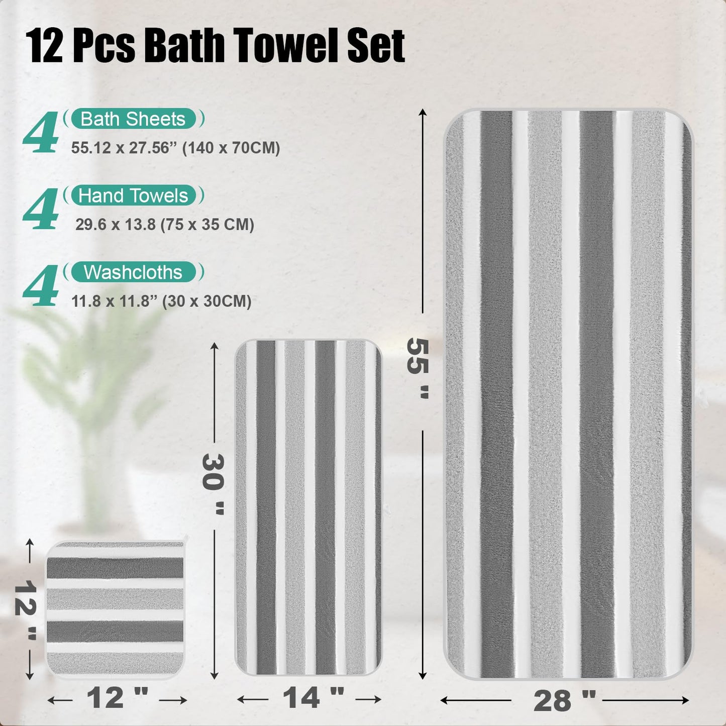 Newwiee 12 Pcs Stripe Bath Towel Sets Microfiber Bathroom Sheet Set Included 4 Highly Absorbent Soft Quick Dry Shower Bath Towels 4 Hand Towels 4 Washcloths for Bathroom, Hotel, Gym and Spa