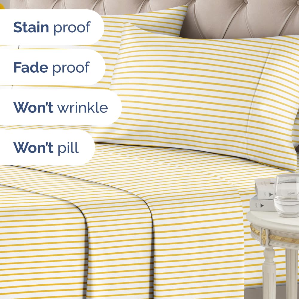 Yellow Striped Sheets - 1 Flat & 1 Fitted Sheet & 2 Pillowcases w/ Deep Pockets - Cozy, Wrinkle & Fade Resistant - Ultra-Soft, Comfy, Breathable & Cooling - Luxury Pinstripe Bedding - Queen Size