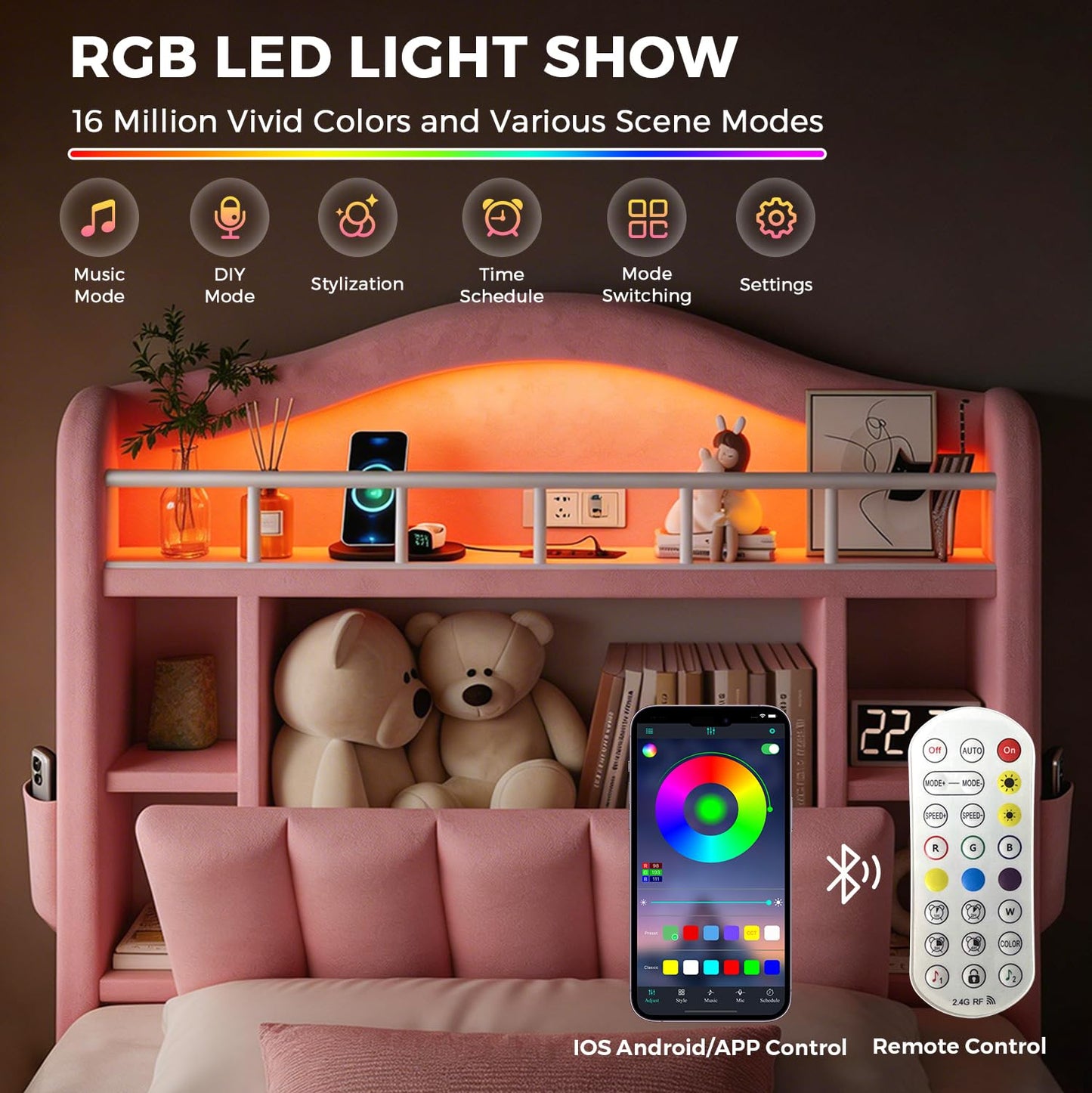 Pink Twin Size LED Bed Frame with Storage Headboard, Upholstered Velvet Princess Bed for Girls with 5 Charging Ports (USB-C & AC), Hidden Privacy Compartment, Sturdy Aluminum Frame & 1 Silent Drawers