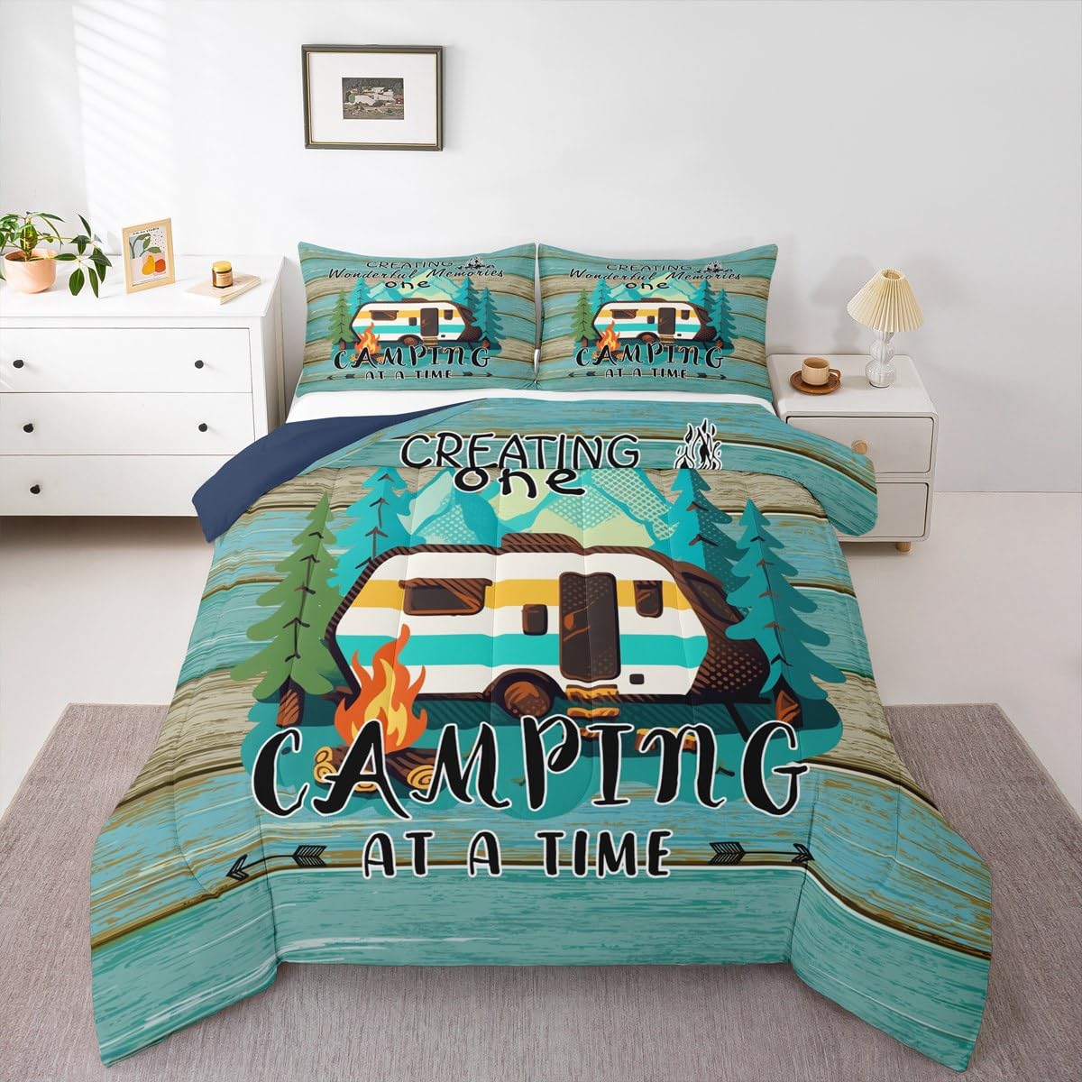 Erosebridal Rv Camper Comforter Set for Kids Boys Girls Happy Camping Life Bedding Farmhouse Wooden Style Duvet Set Travel Trailers Comforter King with 2 Pillowcases