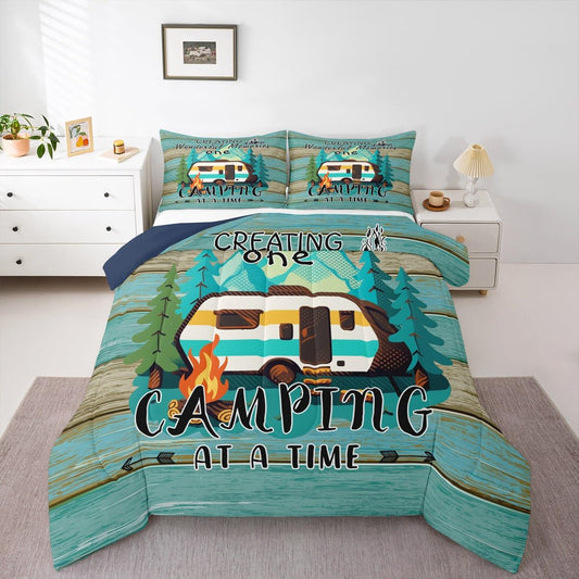 Erosebridal Rv Camper Comforter Set for Kids Boys Girls Happy Camping Life Bedding Farmhouse Wooden Style Duvet Set Travel Trailers Comforter King with 2 Pillowcases