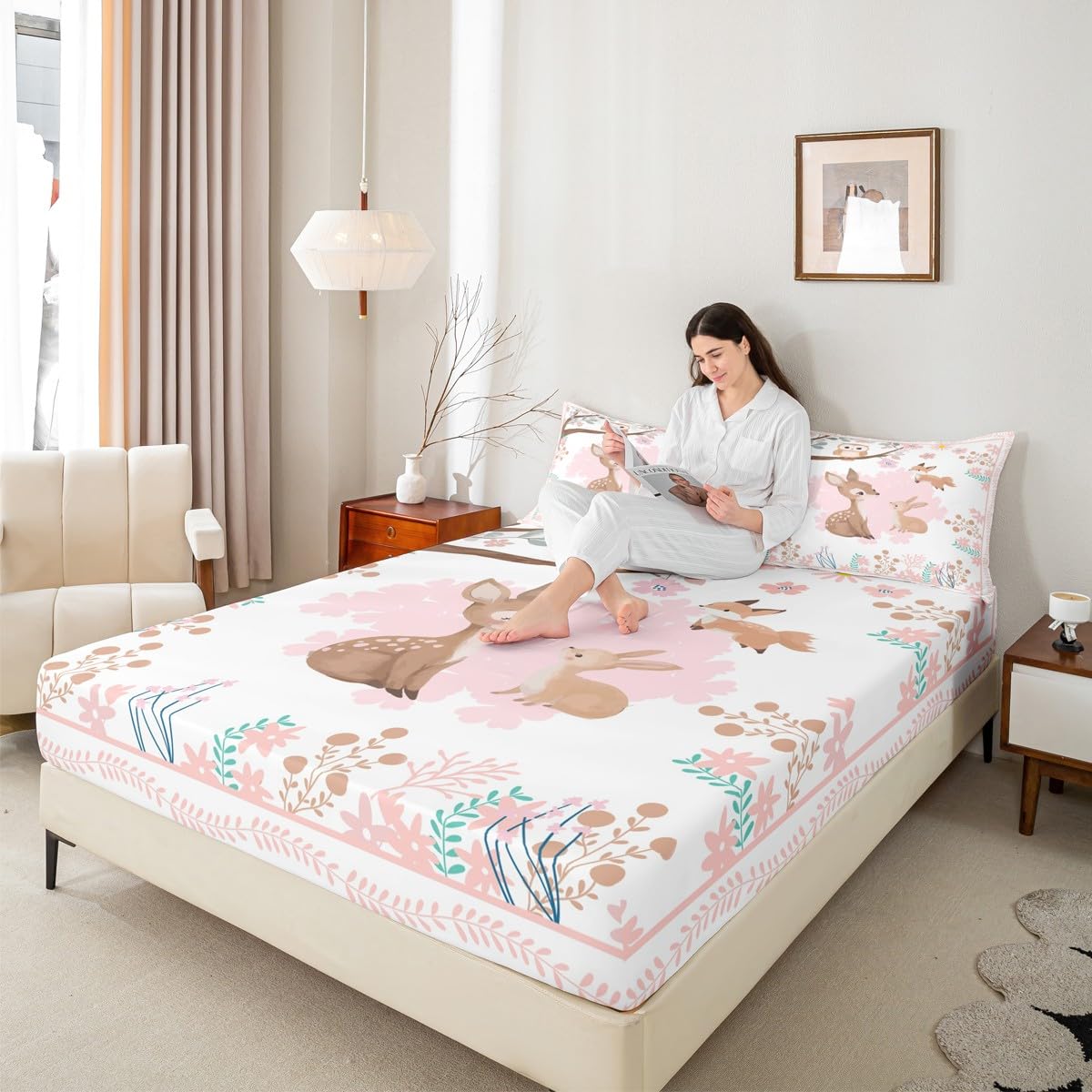 jejeloiu Cute Sika Deer Bedding Sheets Queen Size Pink Flower Bed Sheet Set for Kids Boys Girls Fairytale Theme Fitted Sheet Kawaii Owl Bed Cover 3Pcs,1 Fitted Sheet+2 Pillow Sham（No Flat Sheet）