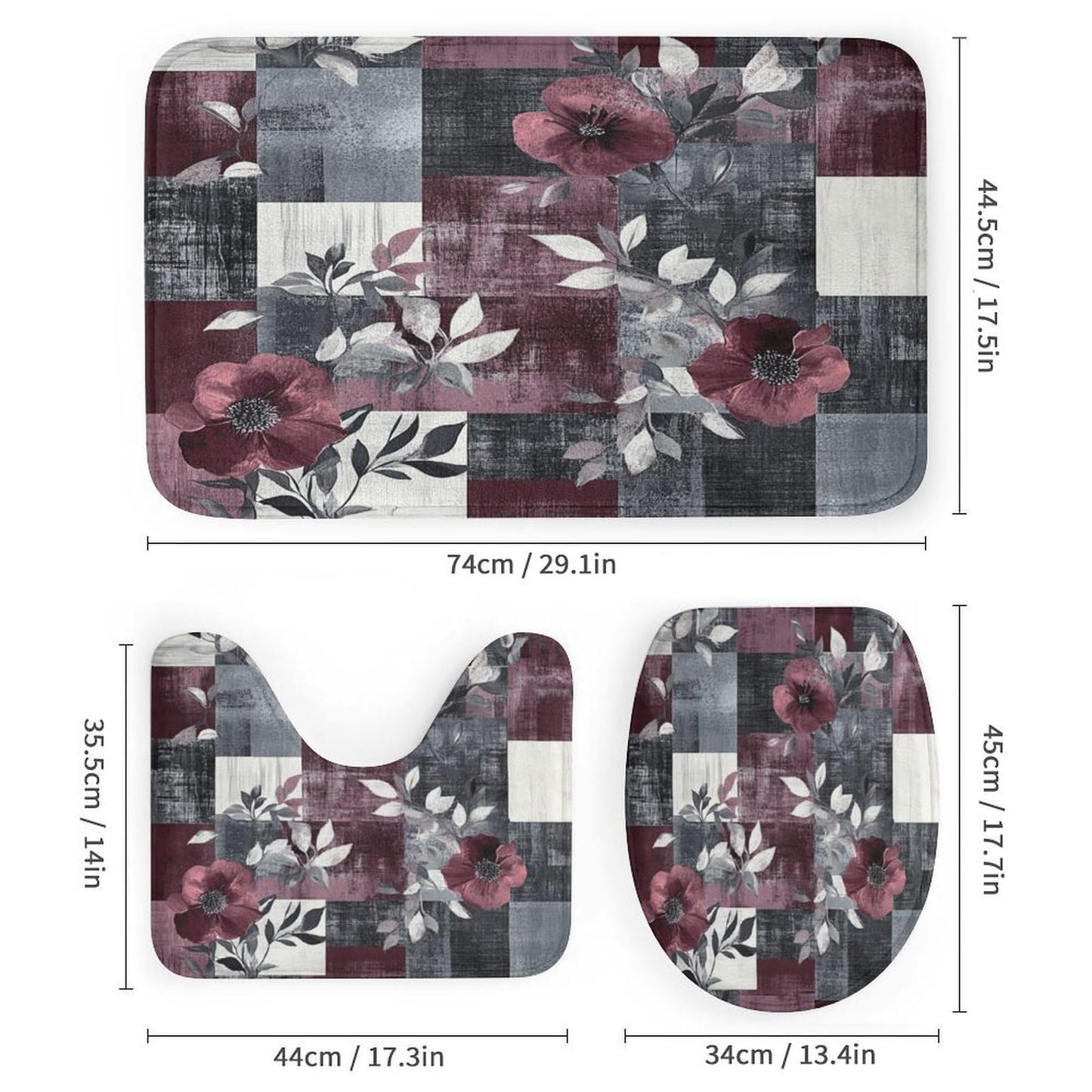DIPQIMI 4Pcs Retro Flower Plant Shower Curtain Sets with Rugs, Toilet Lid Cover and Bath Mat, Red Grey Patchwork Bathroom Shower Curtains Set with 12 Hooks