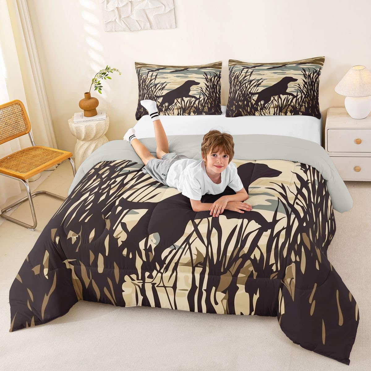 jejeloiu Dog Hunter Bedding Set Soft for Boys Girls, Dog Comforter Set Full Size Farmhouse Theme Duvet Quilt Microfiber Bedroom Decor 3 Pcs with 2 Pillow Cases
