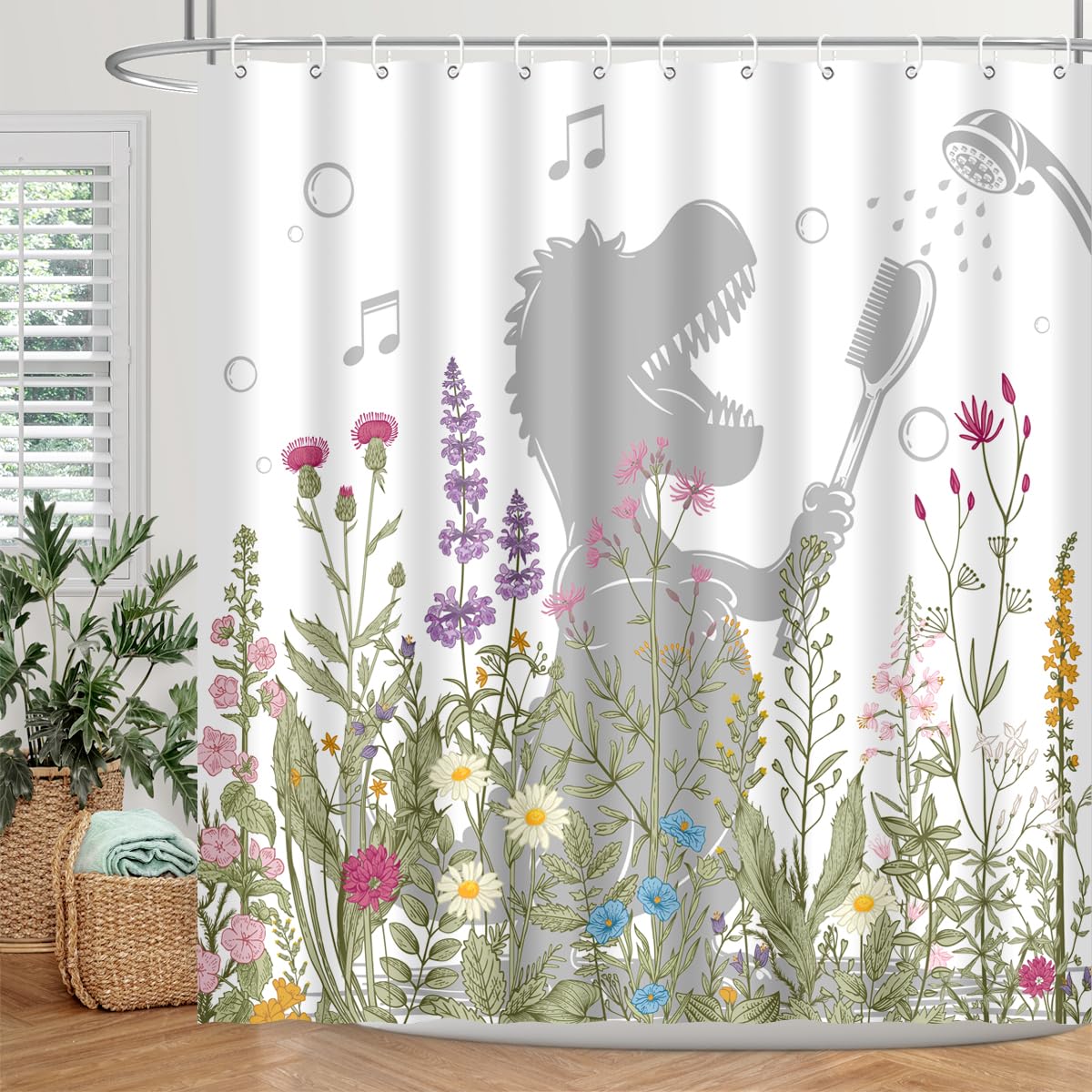 BIYSUC Dinosaur Shower Curtain Funny Dino Sing Bathe Behind Wildflowers Trex Silhouette Shadow for Kids Bathroom Home Decor Waterproof Polyester Fabric 72Lx72W Inch with Hooks
