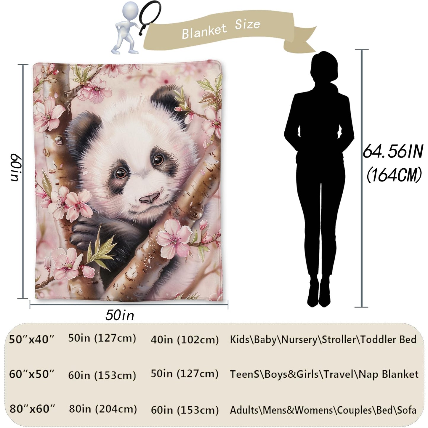 Ti Caldi Panda & Cherry Blossom Blanket, Soft Fuzzy Lightweight Animal Flannel Throw Blanket for Couch, Bed, Travel & Outdoor Use, Warm Cozy Decor Blankets for Women Girls 60×50 in