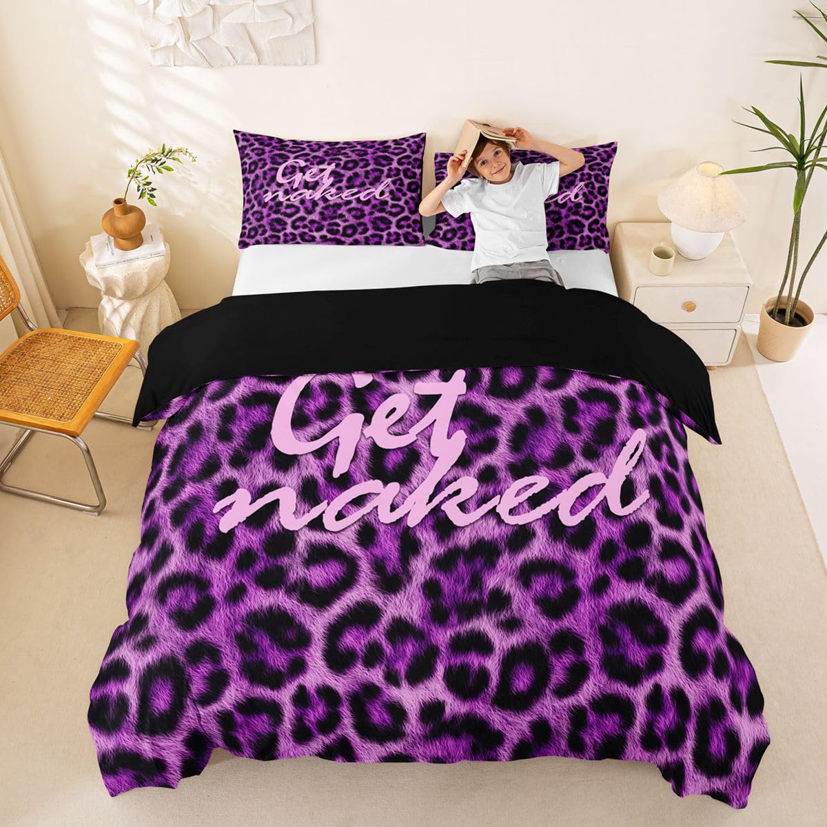 Feelyou Leopard Print Get Naked Duvet Cover King Size Funny Quotes Bedding Set for Boys Girls Purple Comforter Cover Cheetah Bedroom Decor 3Pcs
