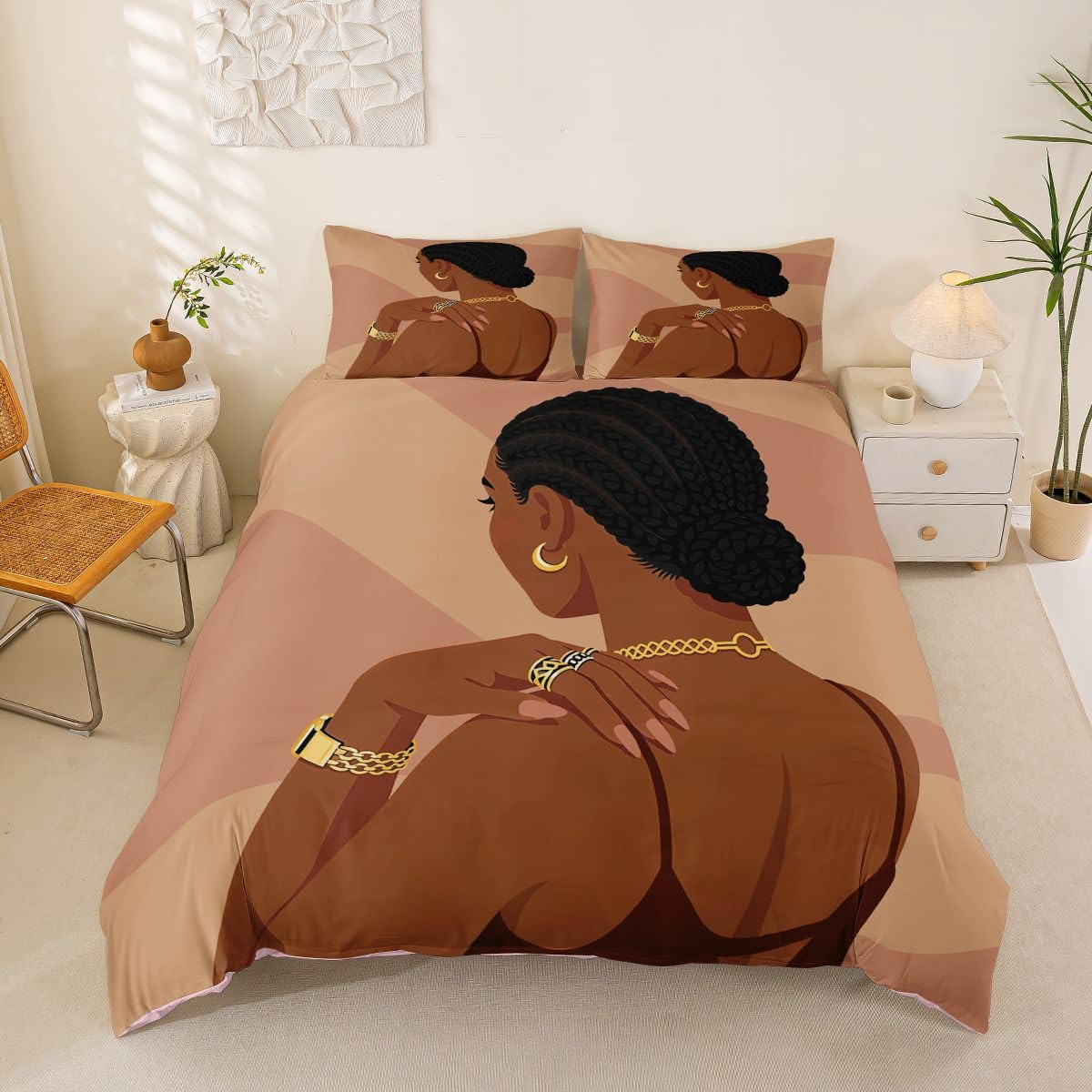 Erosebridal Fashion Black Woman Bedding Set Full Size 3 Piece Romantic Makeup Themed Girls Duvet Cover Fashionable Gorgeous Comforter Cover Vogue Afro Girls Bed Set for Kids Teens Adult Bedroom