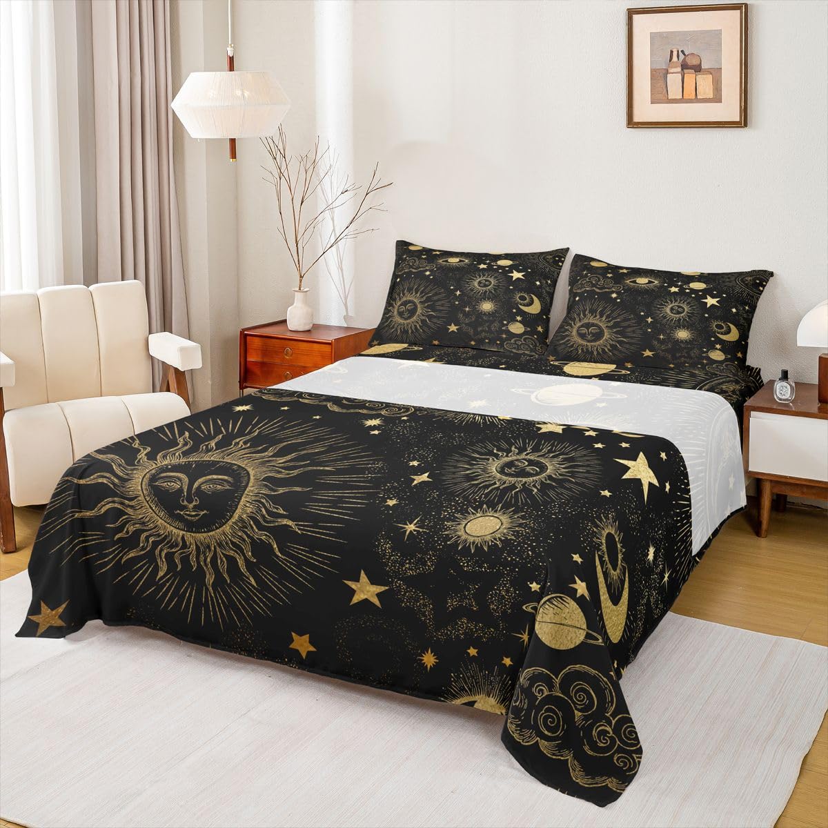 Erosebridal Star Moon Sheet Set Full Size, Starry Sky Series Bed Sheets Kids Child, Cosmic Planets Sun Face Pattern Fitted Sheet Boys Girls, Hippie Bed Cover, Soft Bohemian Bedroom Decor