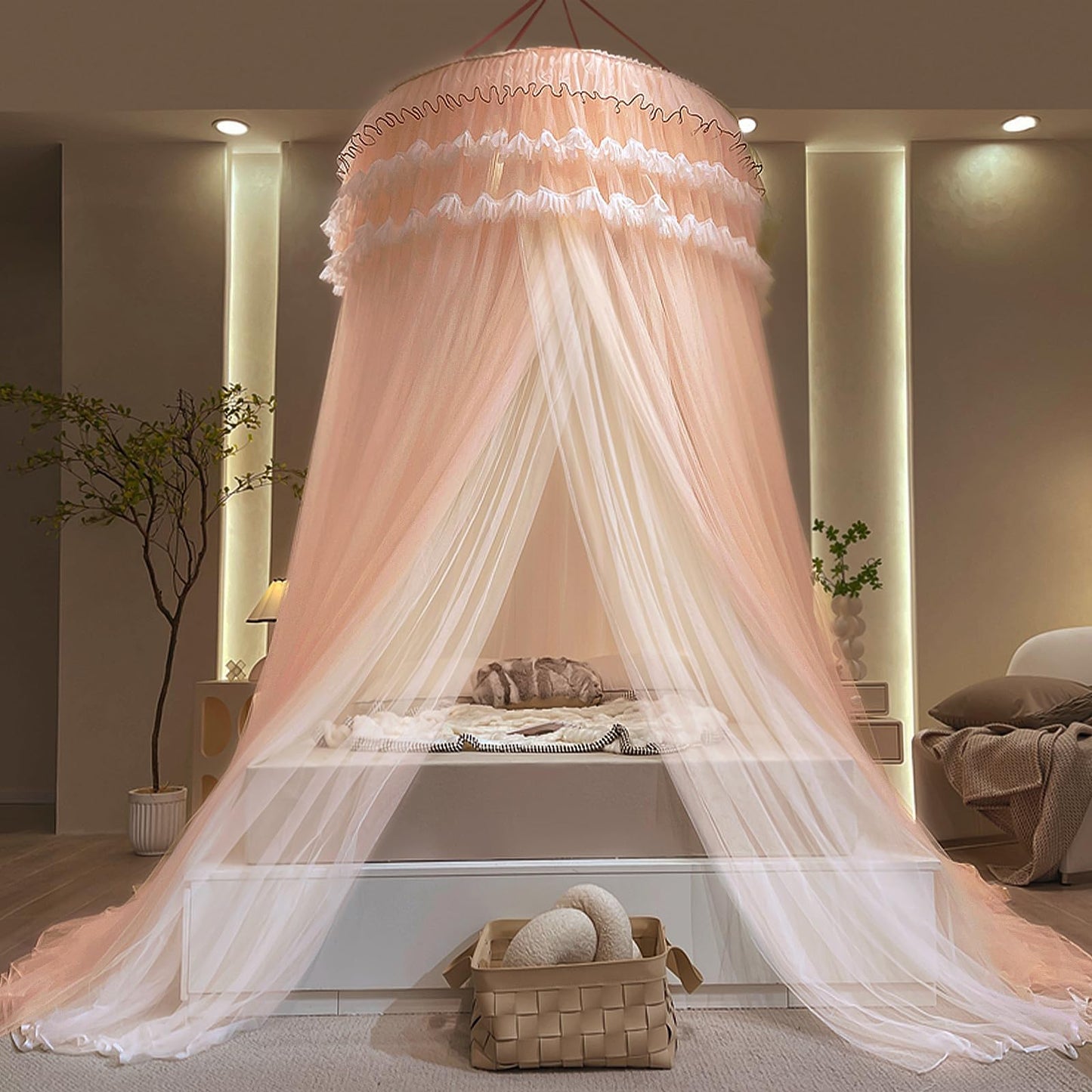 Kertnic Dreamy Bed Canopy for Girls, Princess Canopy Curtains Double Layer Sheer Mesh, Adults Canopies Netting Room Decor Tent Mosquito Net for Queen King Bed (Double Layer-Beige Pink)