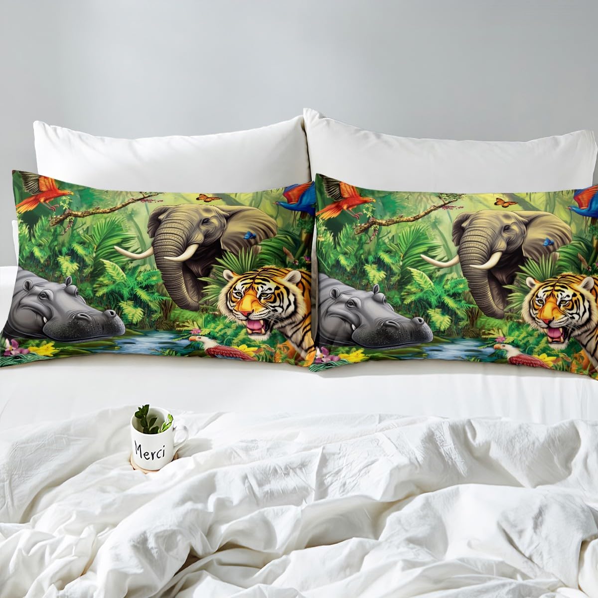 Jungle Animals Fitted Sheet Twin Crocodile Hippo Elephant Tiger Bedding Set African Safari Animal Printed Bed Cover Set Cartoon Zoo Theme Fitted Bed Sheets with 1 Pillow Case No Top Flat Sheet