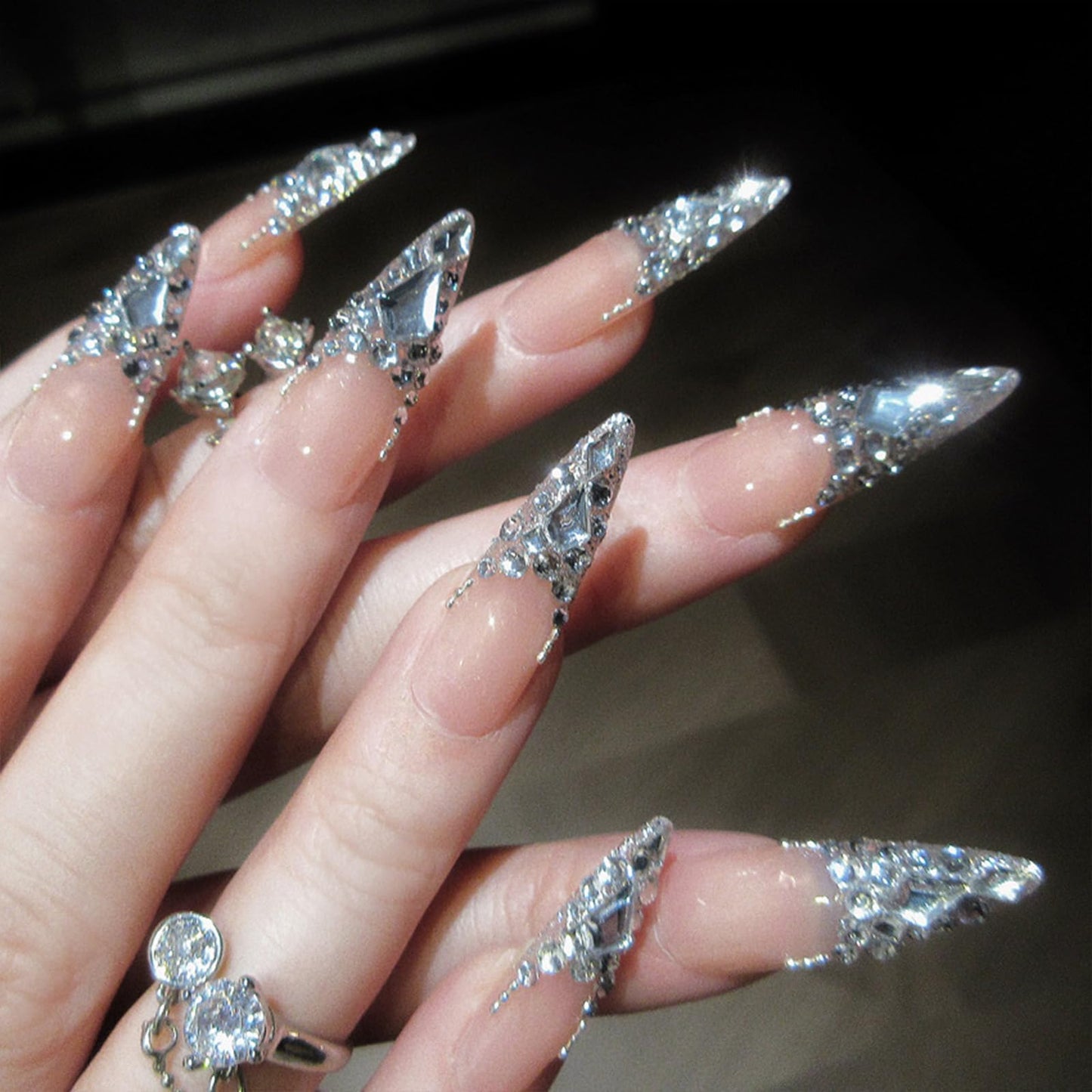 SINHOT Luxury Press on Nails - Long Stiletto Fake Nails, Glossy Finish, French Tip & 3D Rhinestones Design, DIY Artificial False Nail Art - 24 Pcs Nail Kit with Glue