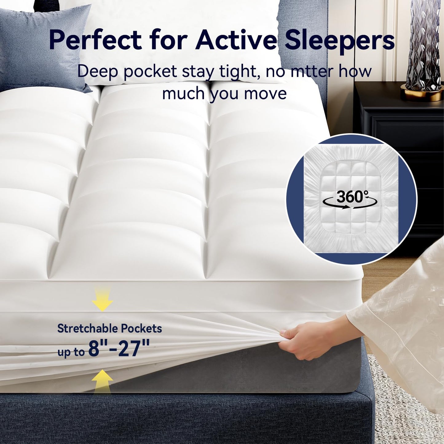 Topllen Queen Mattress Topper for Back Pain Relief – Extra Thick Pillow Top Plush Mattress Pad with Deep Pocket, Soft Pillowtop Queen Size Bed Toppers Filled Fluffy Down Alternative, White