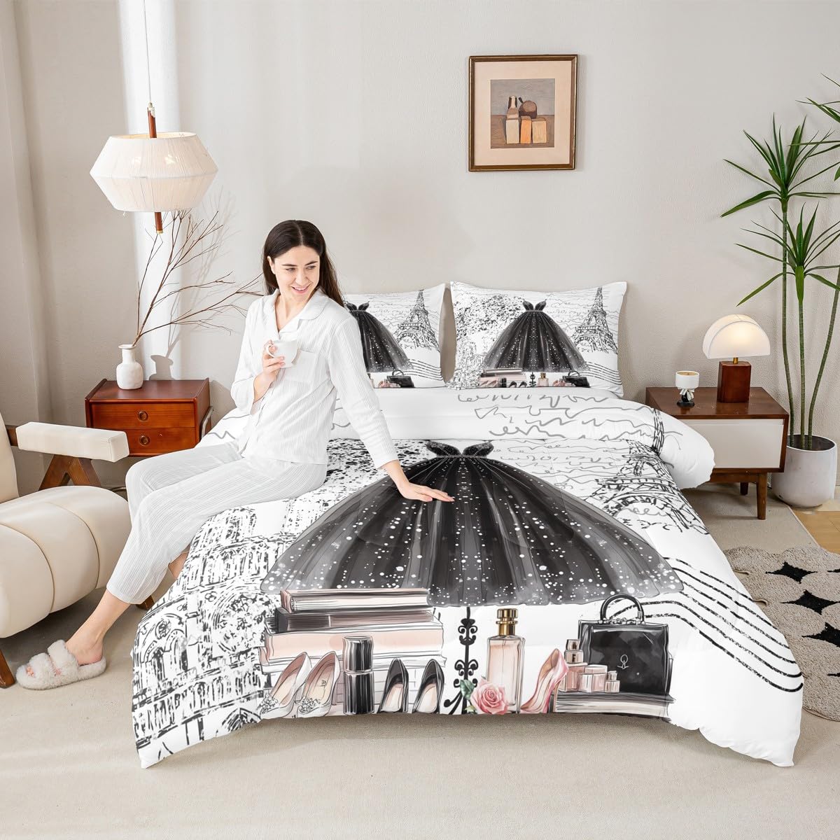Erosebridal Fashion Girly Dress Comforter King Size Black White Eiffel Tower Paris Bed Sets Perfume Modern Girls Women Bedding Set Romantic High Heels Makeup Duvet Insert,Luxury Soft