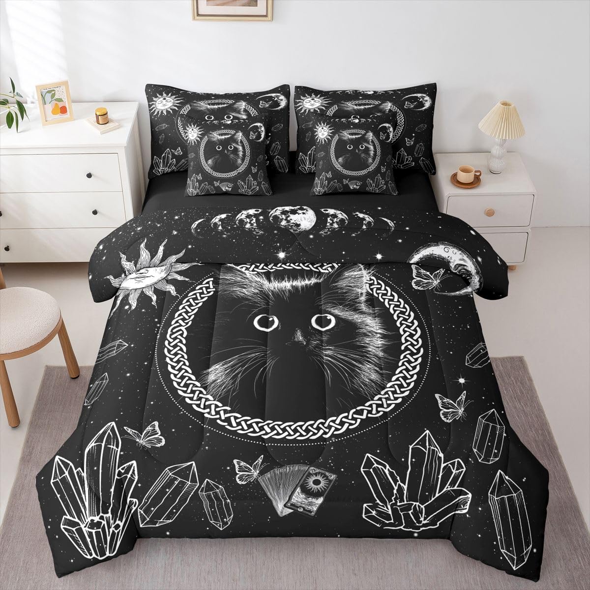 Erosebridal Cartoon Black Cat 7-Piece Bedding Set Full Size for Kids Teens Adults - Kids Cute Cat Bed in a Bag Boho Sun and Moon Comforter Set with Sheets Boho Diamond Butterfly Duvet Insert