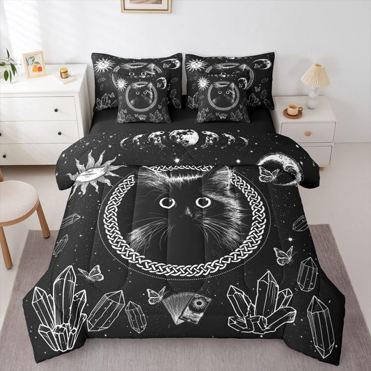Erosebridal Cartoon Black Cat 7-Piece Bedding Set Full Size for Kids Teens Adults - Kids Cute Cat Bed in a Bag Boho Sun and Moon Comforter Set with Sheets Boho Diamond Butterfly Duvet Insert