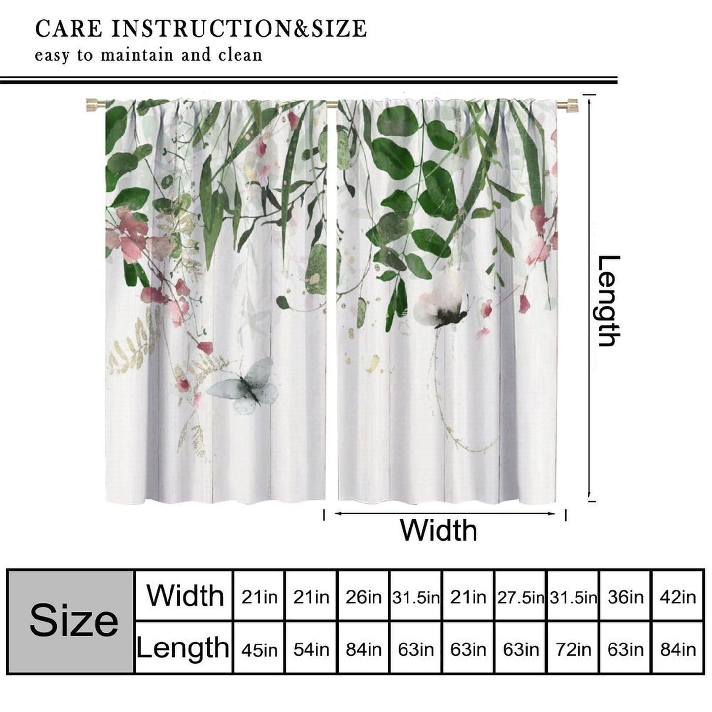 Rustic Floral Curtains Green Grey Eucalyptus Botanical Leaves Butterfly Farmhouse Flower Leaf Pattern Decor Rod Pocket Drapes for Bedroom Living Room,2 Panels Set,42x45Inch