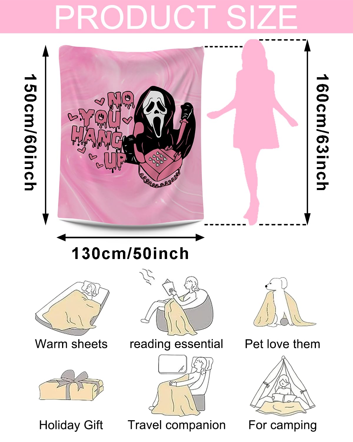 50''x 60'' Funny No You Hang Up Pink Horror Ghost Fleece Throw Blanket - Cozy Lightweight Thick Blanket - Soft Fuzzy Plush Blankets Throws- Halloween Day Gifts for Bedroom Bed Sofa