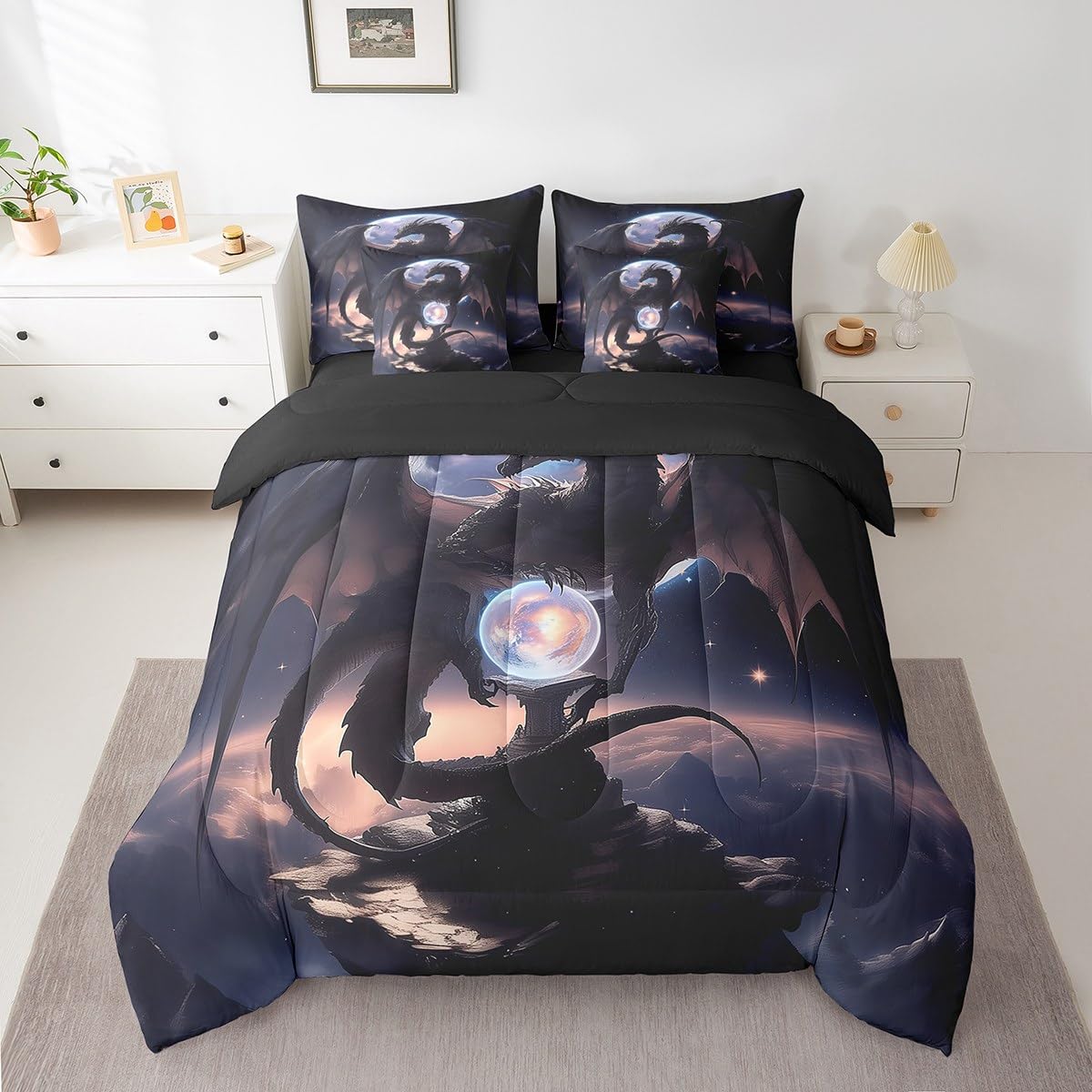 Erosebridal Purple Dragon Queen Bedding Set - Galaxy Moon Bed in A Bag,Dreamy Animal Comforter Sets with Sheets, Fantasy Dragon 7 Pieces Bed Set Bedroom Decor