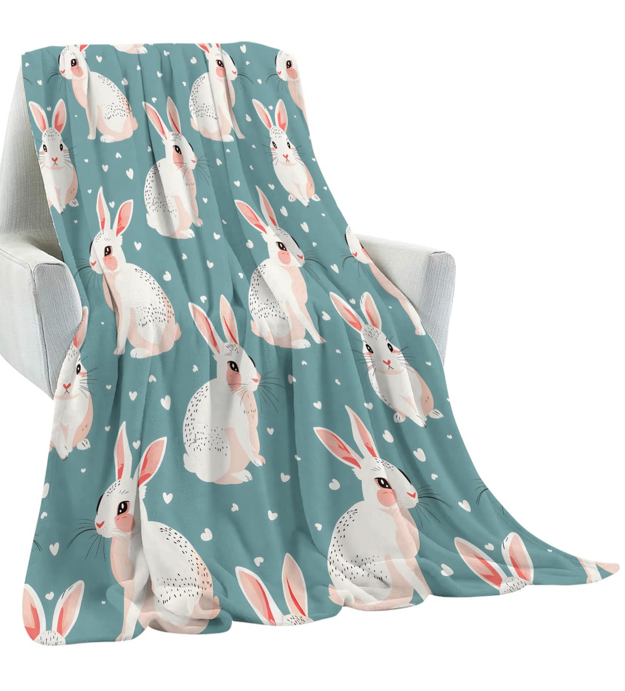amepay Cute White Bunny Blanket Gifts for Kids Women Adult Girls,Cartoon Rabbit Teal Throw Blankets,Soft Comfy Lightweight for Home Couch Bed Sofa Modern Decor 50x60in
