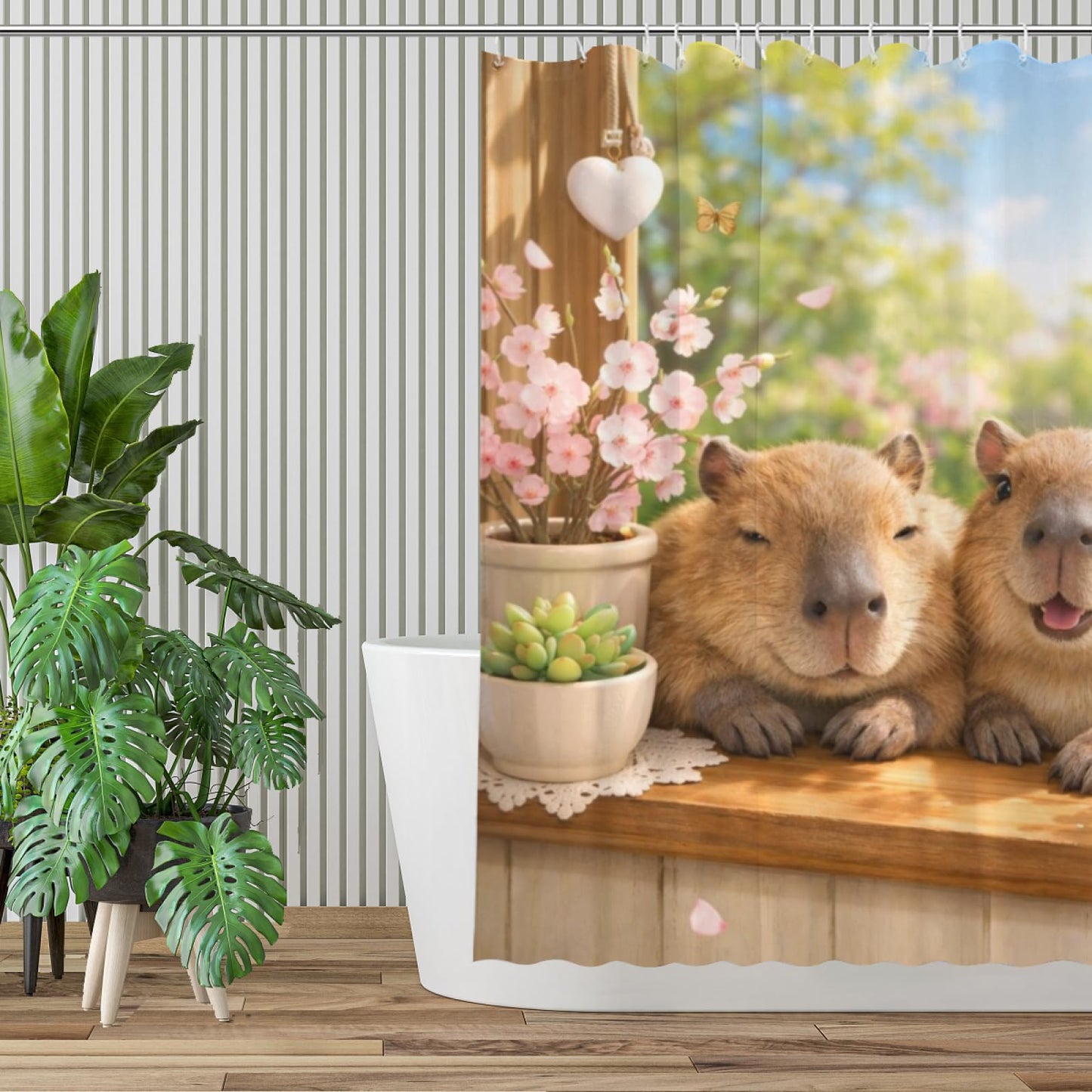REZHOCH Fun Capybara Shower Curtain 72x72Inch Cute Animals Home Bathroom Decor,Spring Summer Floral Window Scene Rustic Farmhouse Plants Soft Pastel Nature Waterproof Bath Set