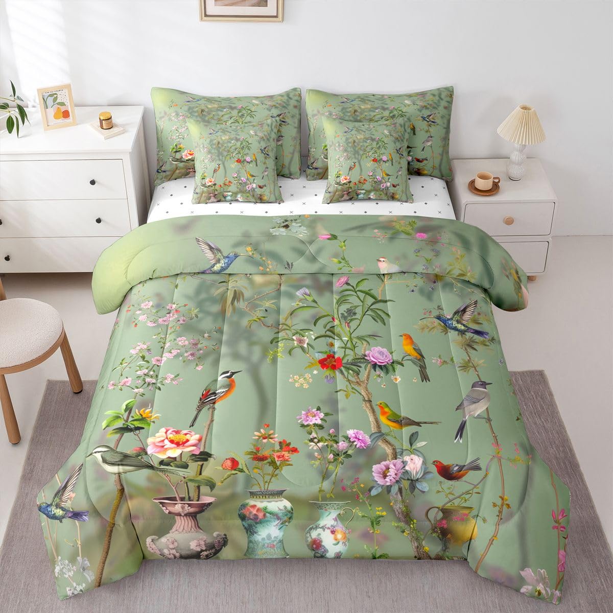 Erosebridal Floral 7 Pcs Bedding Set Queen Retro Chic Leaves Comforter Set with Sheets Vase Porcelain Bed in A Bag Botanical Flowers Bedroom Decor