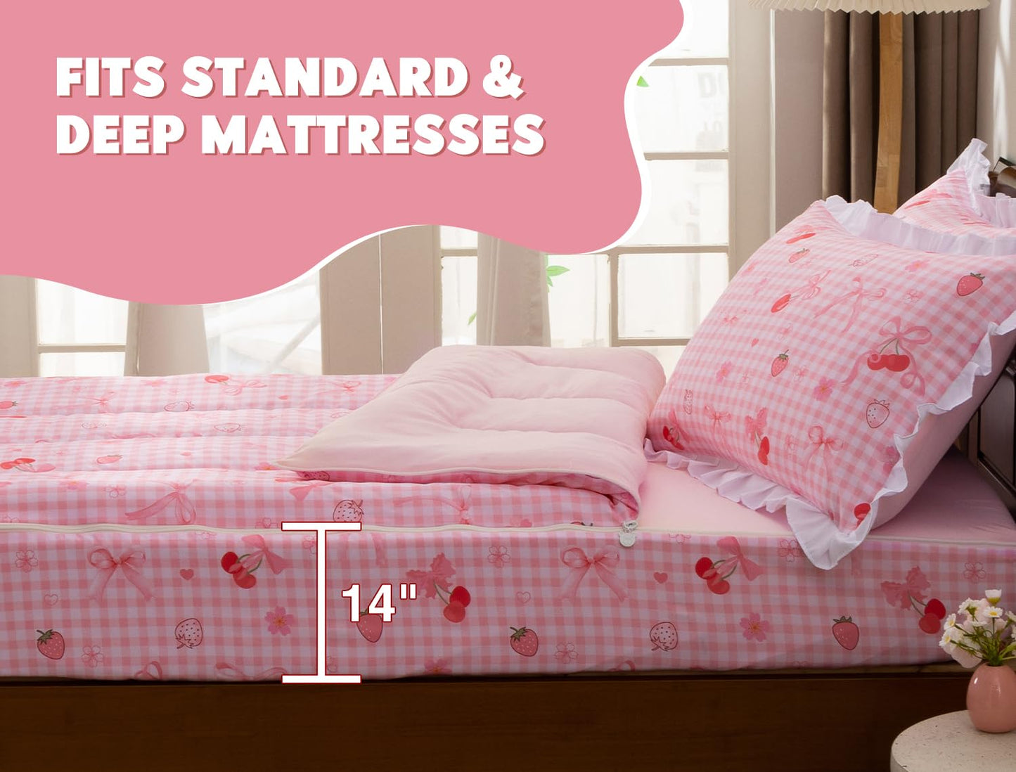 Meeting Story 3pcs Plaid Checkered Kids Comforter Sets Zipper Bedding Set for Girls,Twin Cherry Kid Bedding Set Strawberry Comforter Bedding for Kid, Bed in a Bag（DarkPink,Twin）